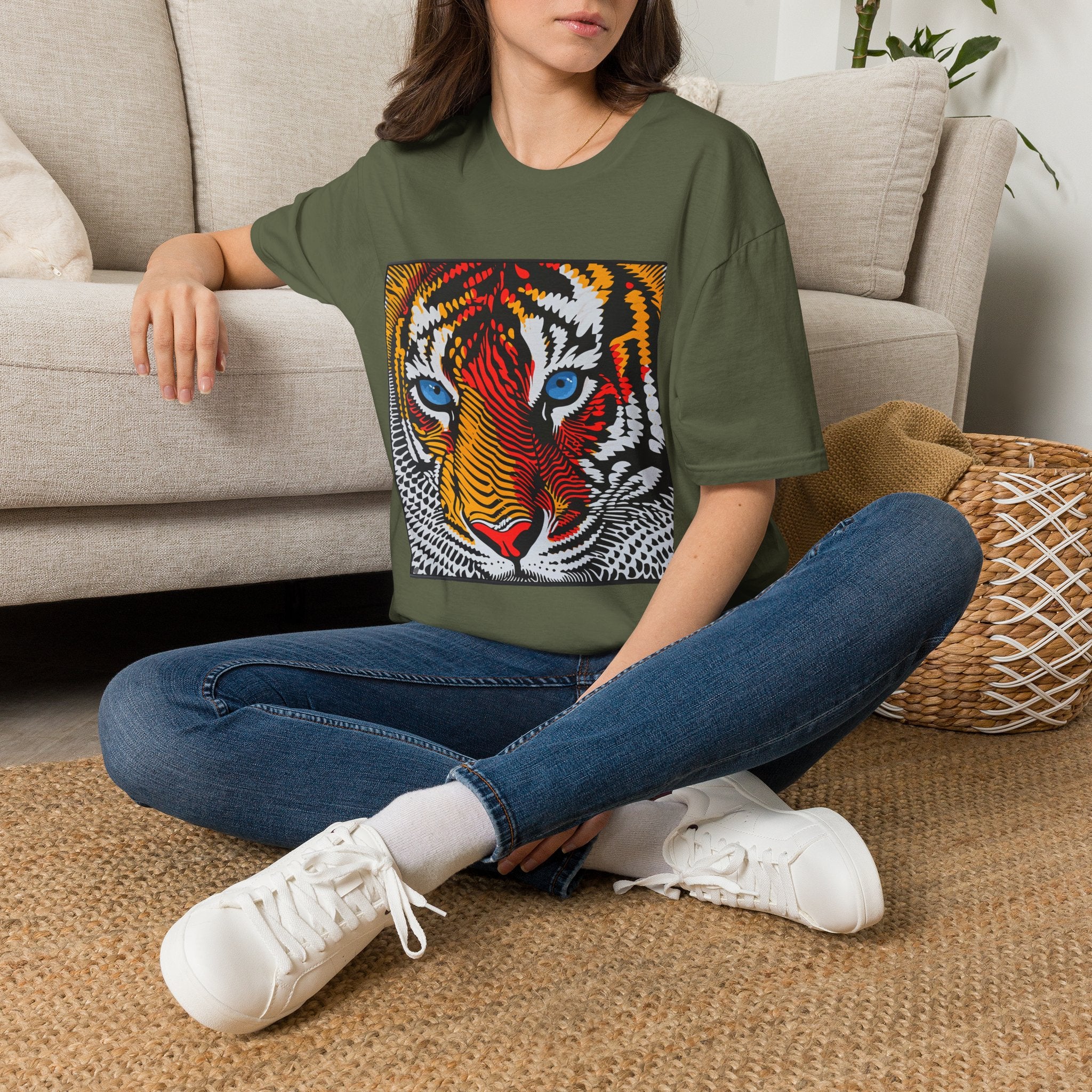 oryggy Colorful Tiger Face T-Shirt with Vibrant Blue Eyes and Pop Art Stripes