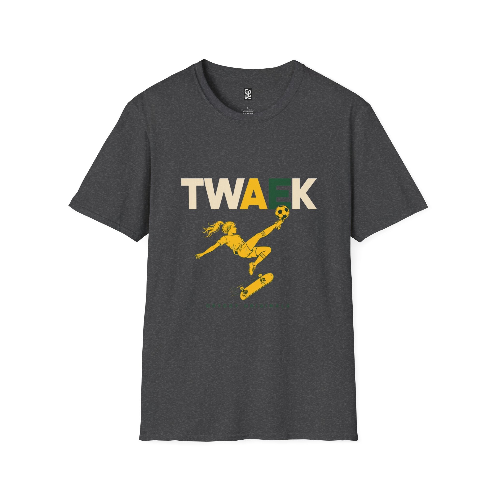 Dark heather color variant of oryggy Originals TWAEK t-shirt, clean seamless tubular knit apparel with a high-contrast vintage color palette.