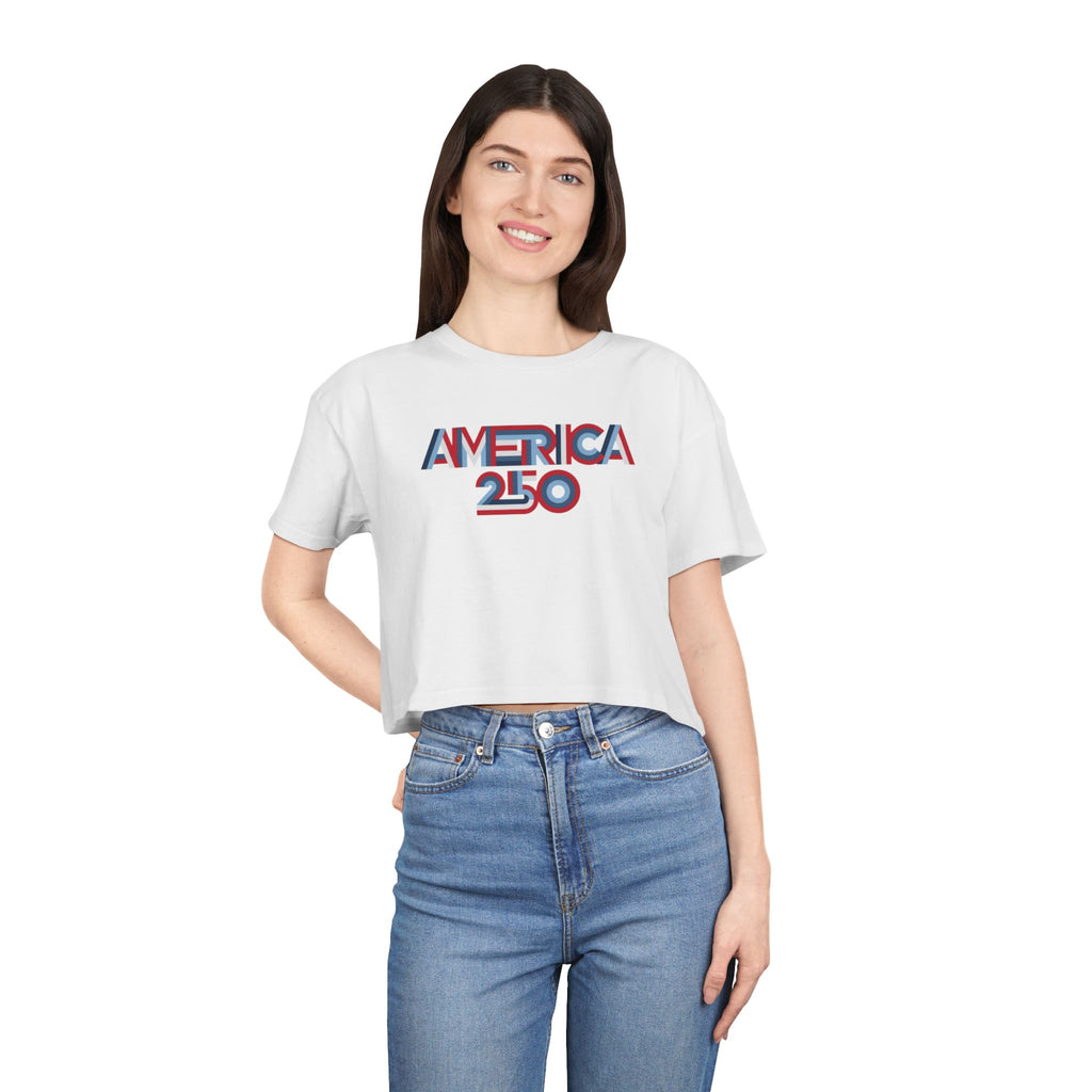 America 250 Crop Tee — Patriotic 3D Red & Blue Graphic