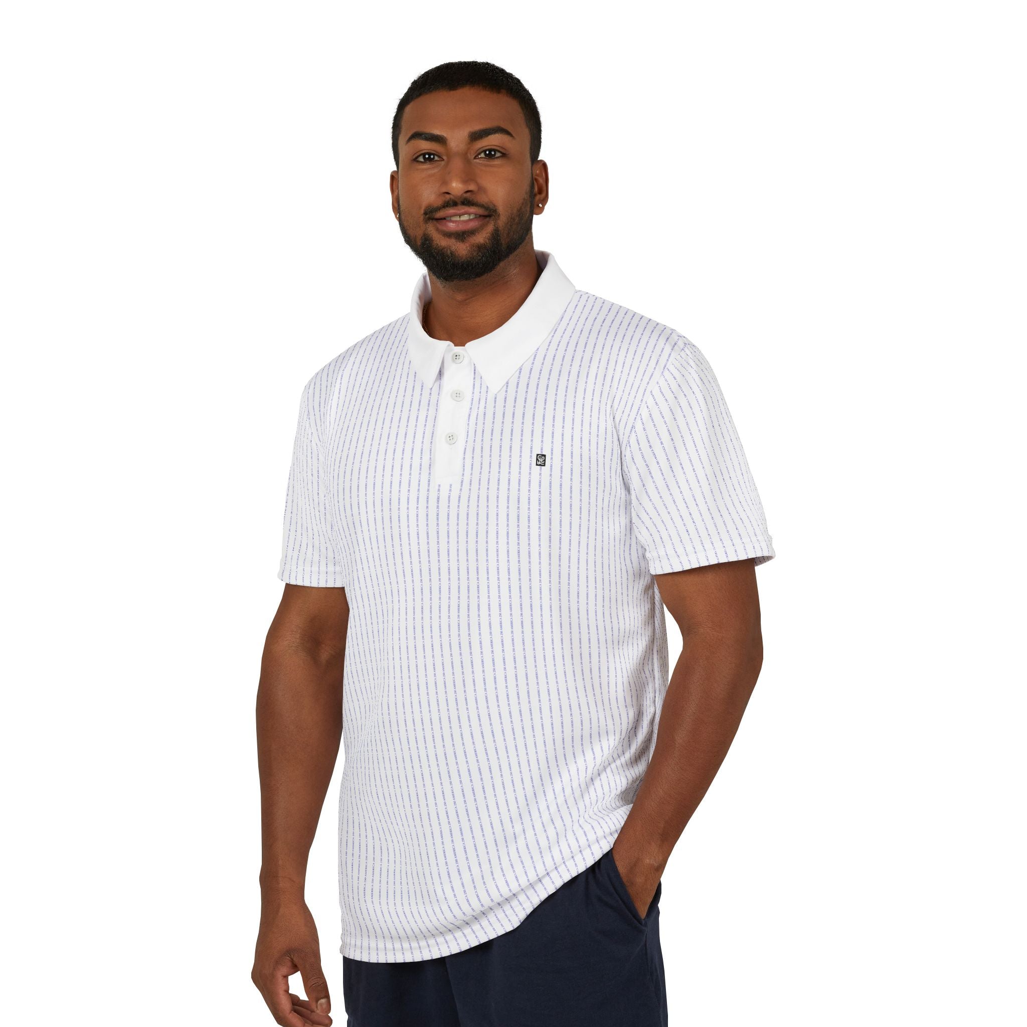 Close up detailed view of oryggy striped white polo shirt, showing the subtle textured stripe weave and wrinkle-resistant fabric.