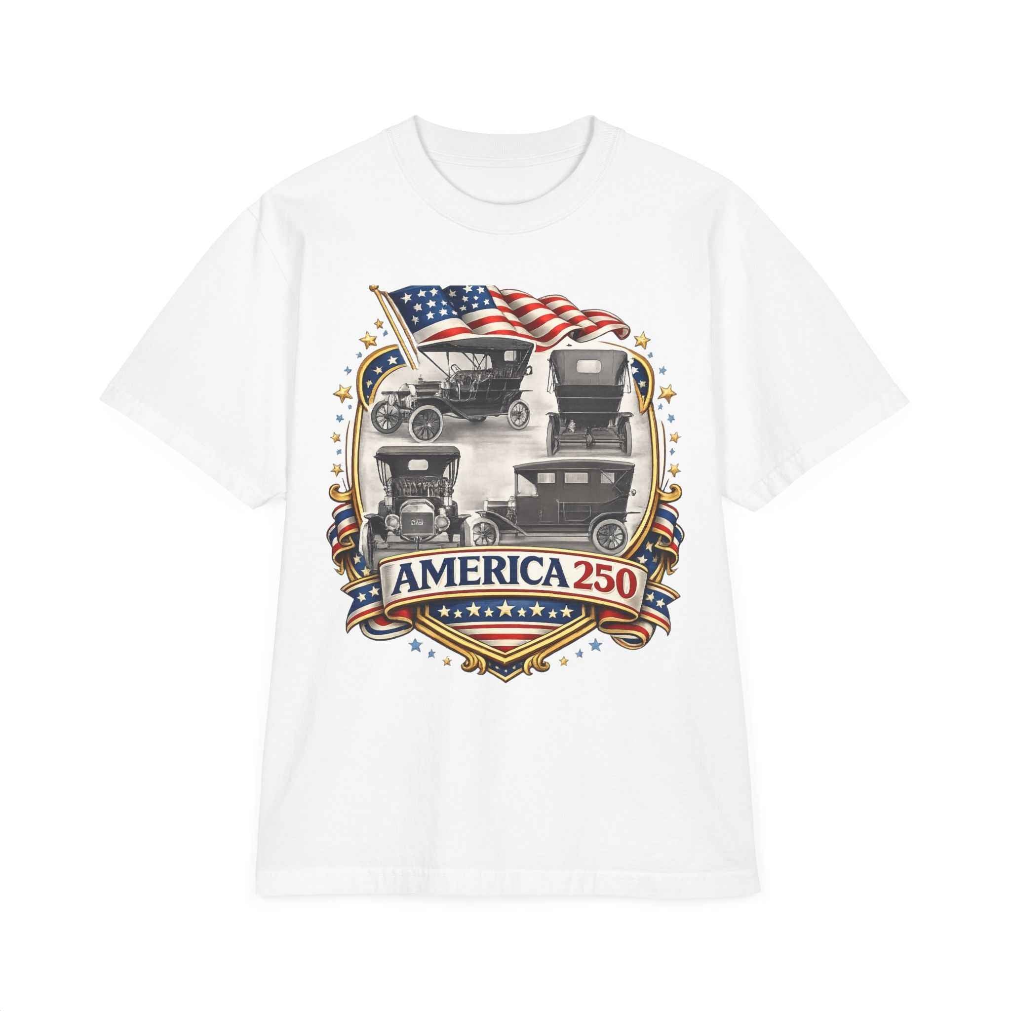 America 250 Vintage Cars Patriotic T-Shirt — 100% USA cotton