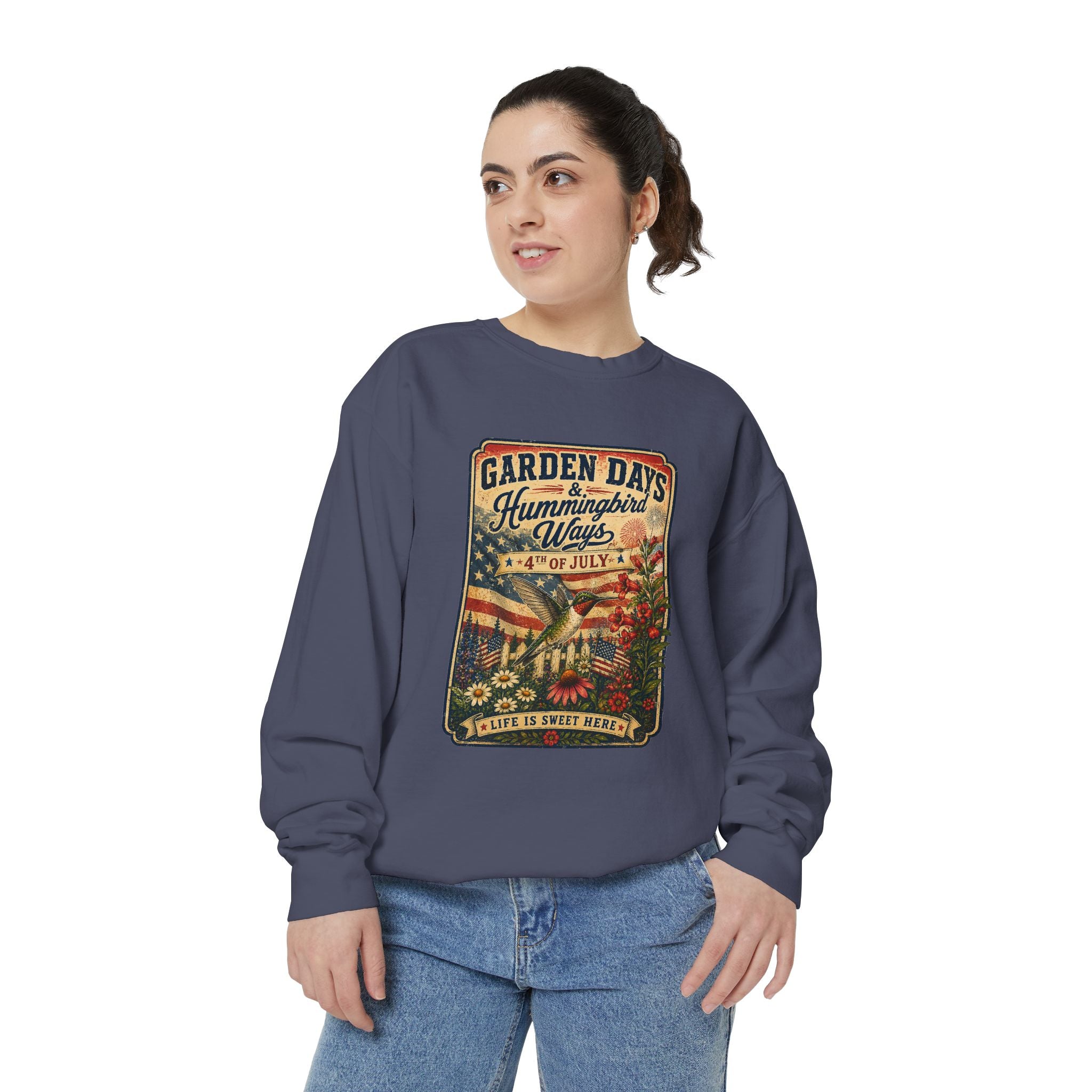 America 250 Garden Days Summer Sweatshirt — "Sweet Summer Wings" Vintage Floral 4th of July Crewneck