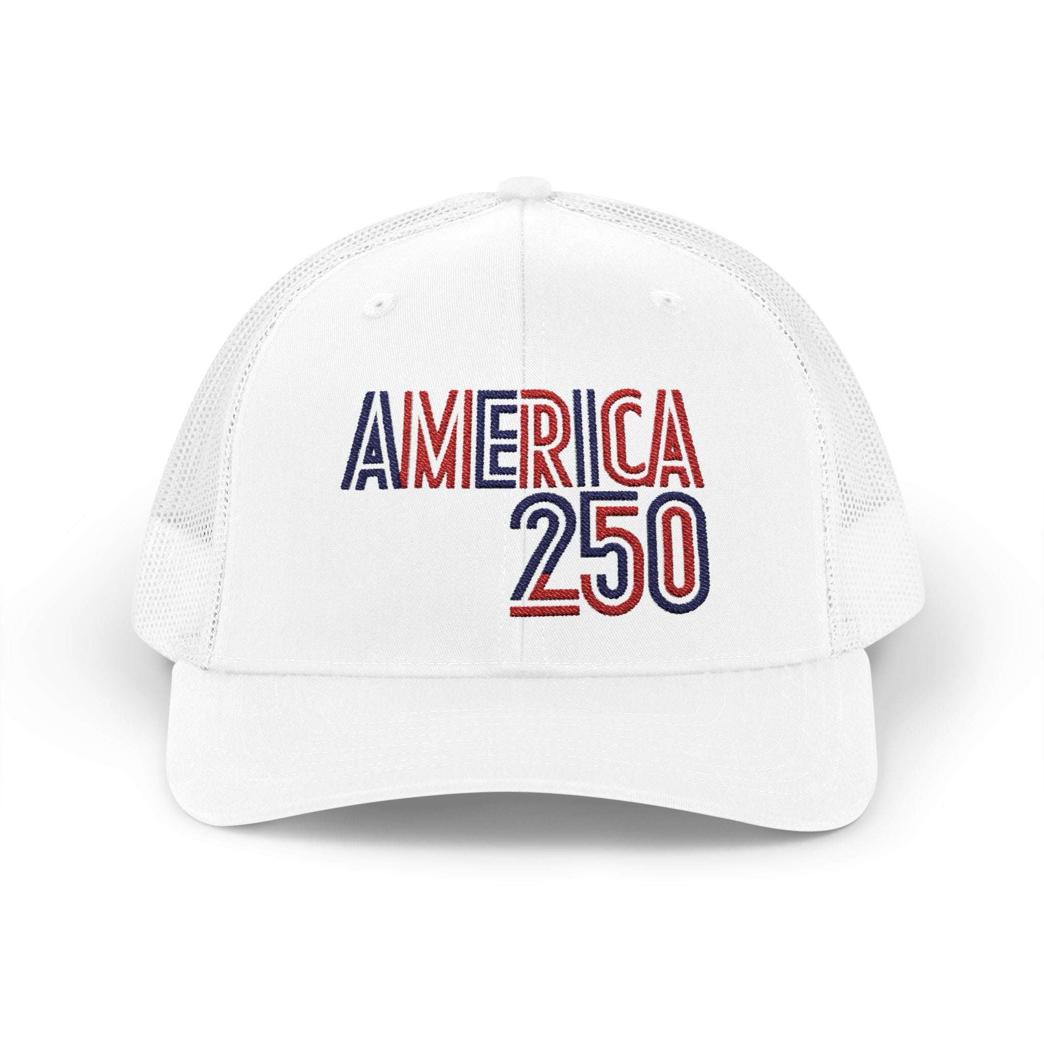 America 250 Snapback Cap | Patriotic USA Flag Text Trucker Hat