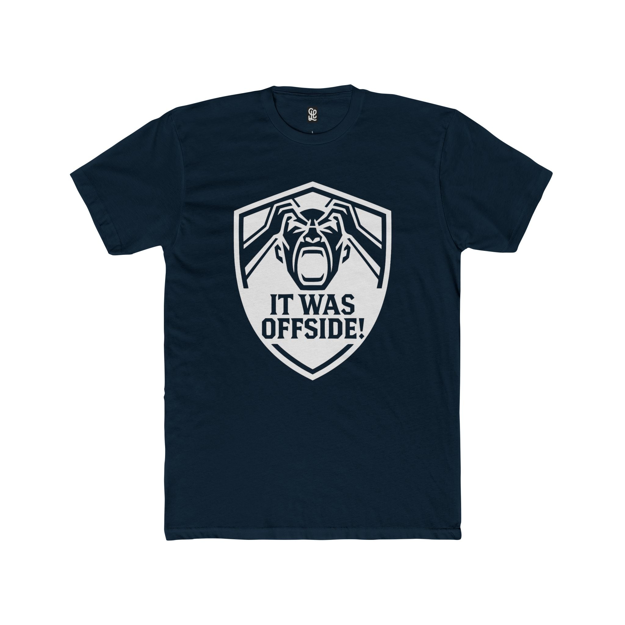 Front view of oryggy It Was Offside T-Shirt in Navy blue, displaying the high-contrast white stadium shield graphic artwork.
