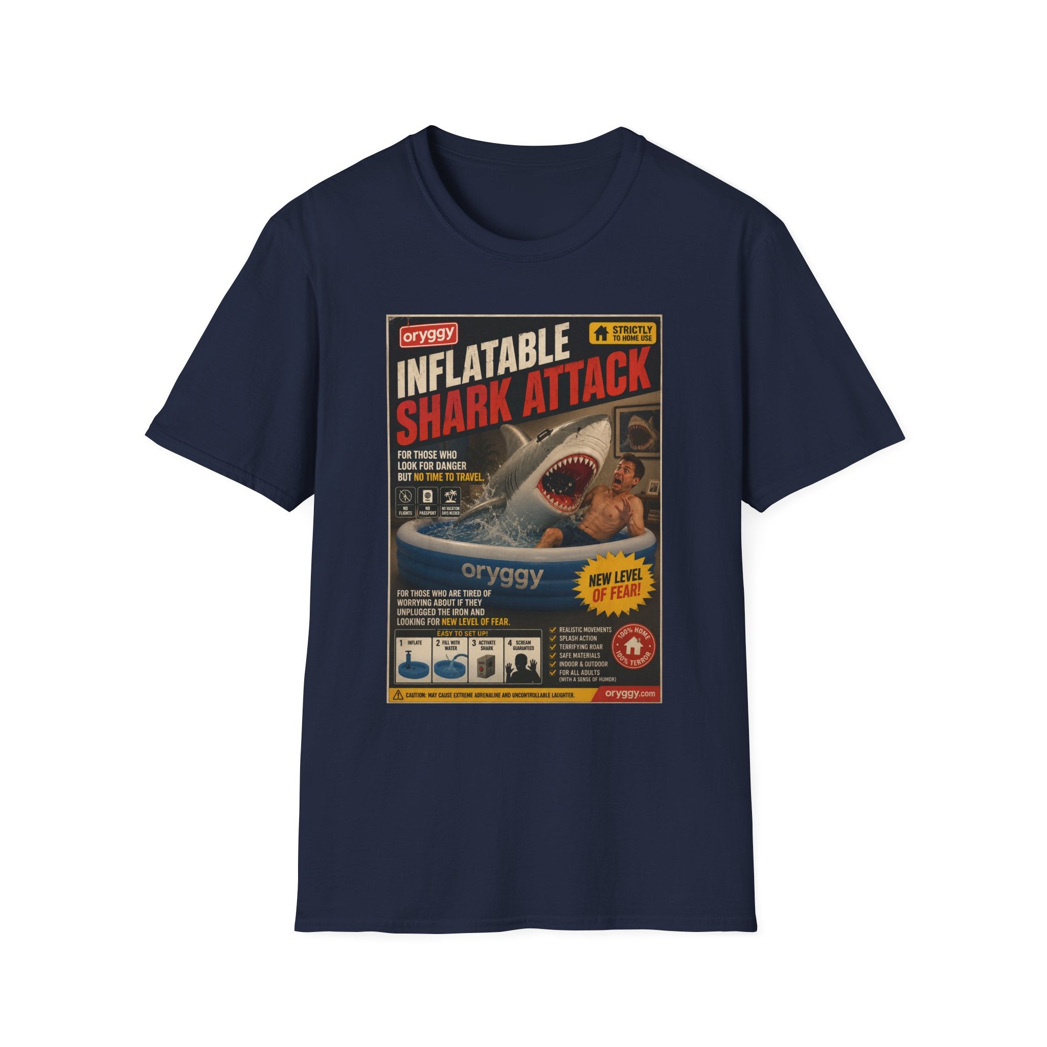 oryggy Originals Inflatable Shark Attack Vintage Poster T-Shirt — Retro Beach & Surf Graphic Tee