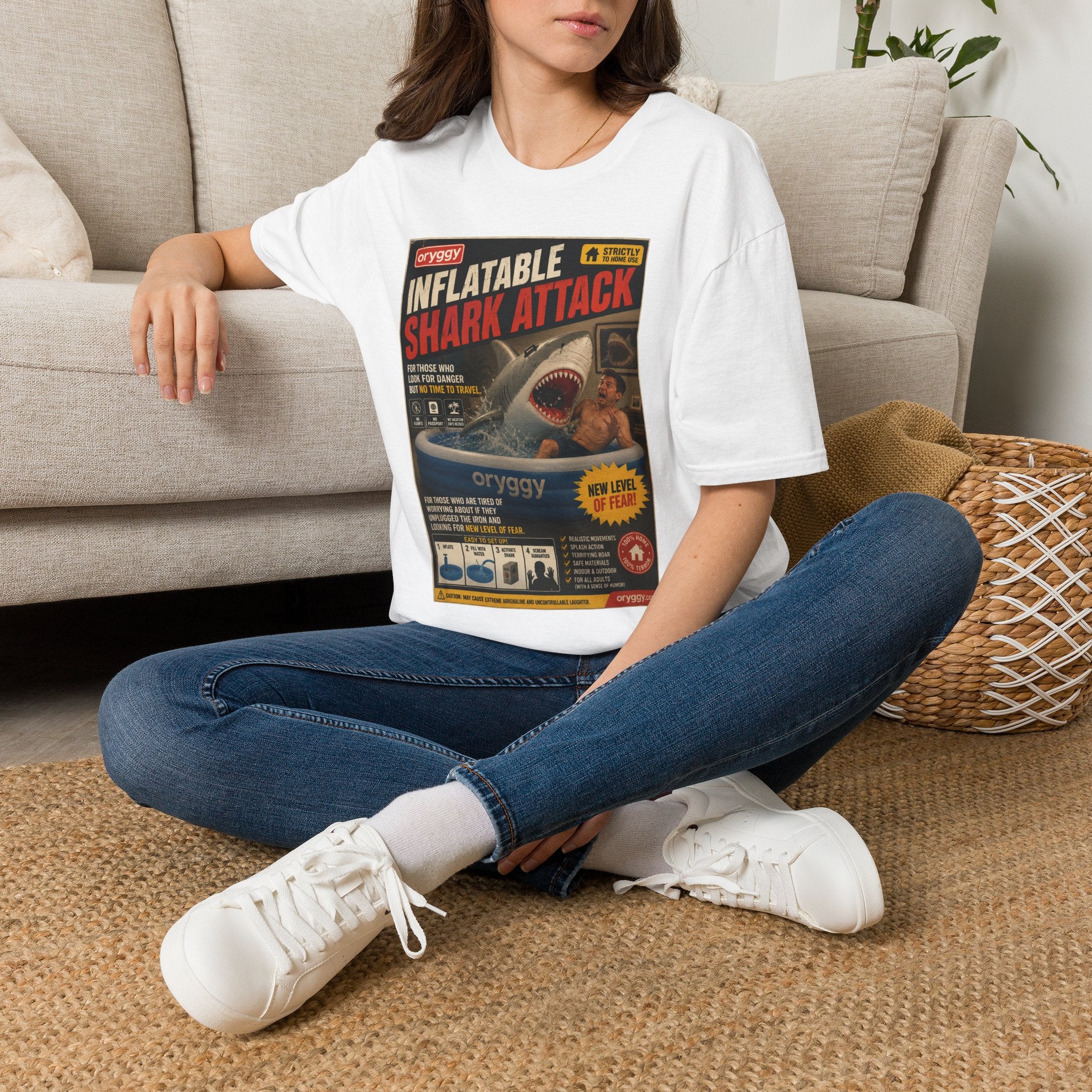 oryggy Originals Inflatable Shark Attack Vintage Poster T-Shirt — Retro Beach & Surf Graphic Tee