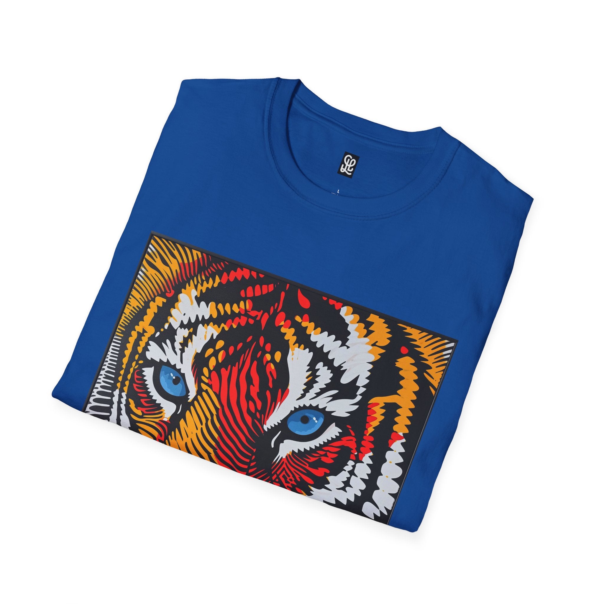 oryggy Colorful Tiger Face T-Shirt with Vibrant Blue Eyes and Pop Art Stripes