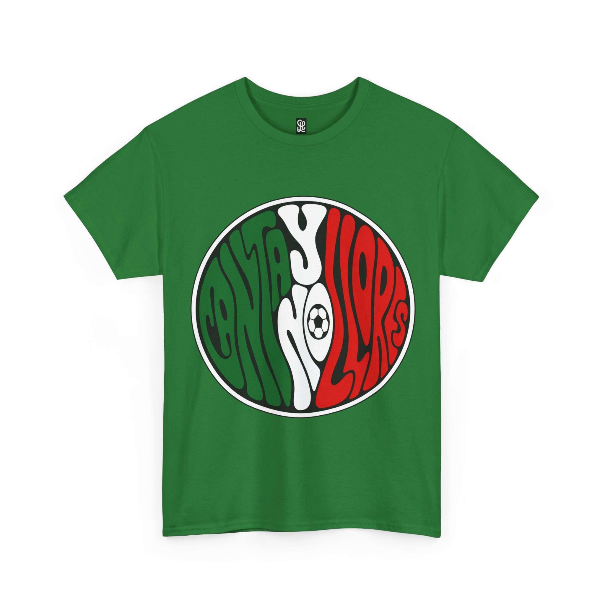 Turf green color variant of oryggy Mexico Soccer retro logo t-shirt, athletic streetwear football fan shirt with a miniature Mexican flag on the upper back.