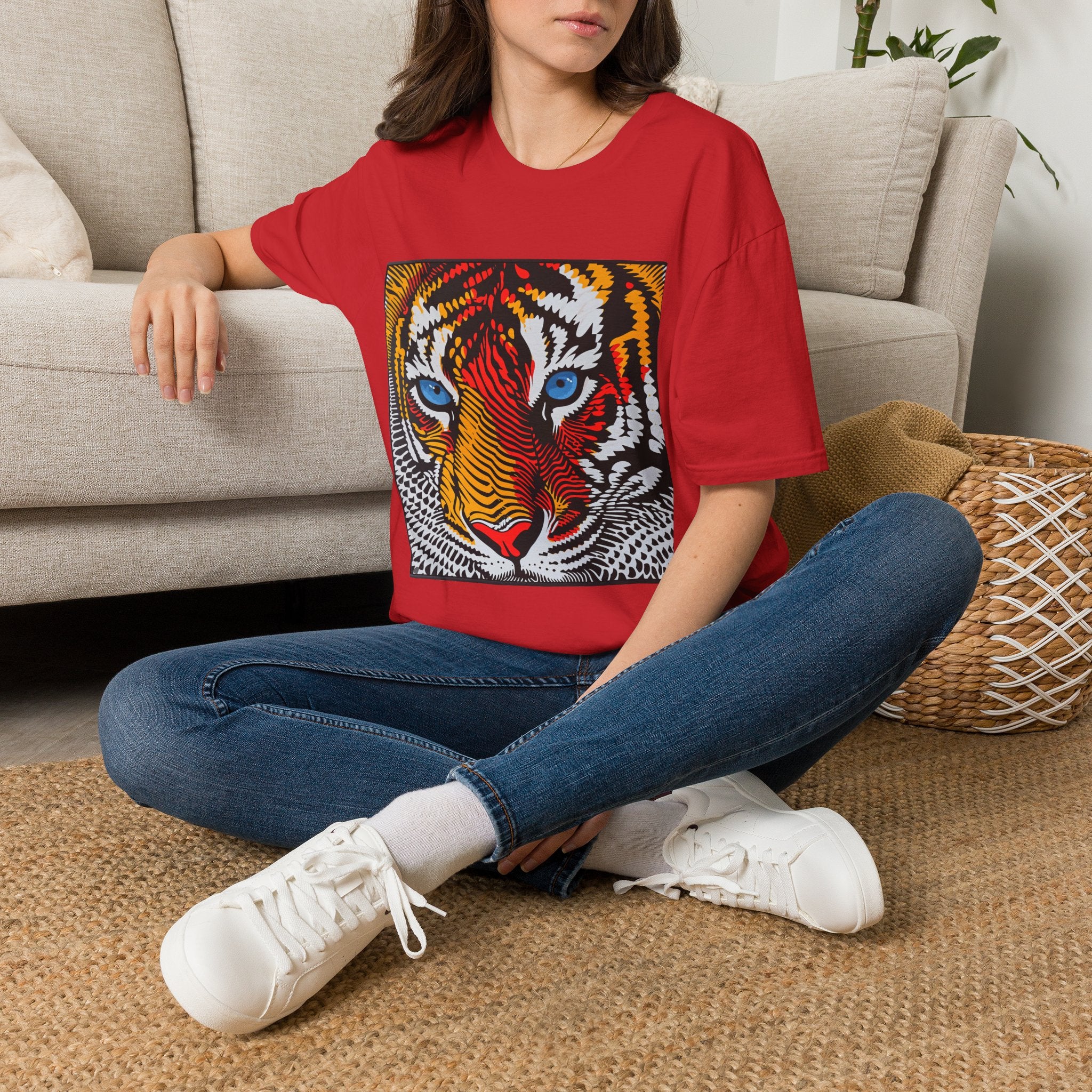 oryggy Colorful Tiger Face T-Shirt with Vibrant Blue Eyes and Pop Art Stripes