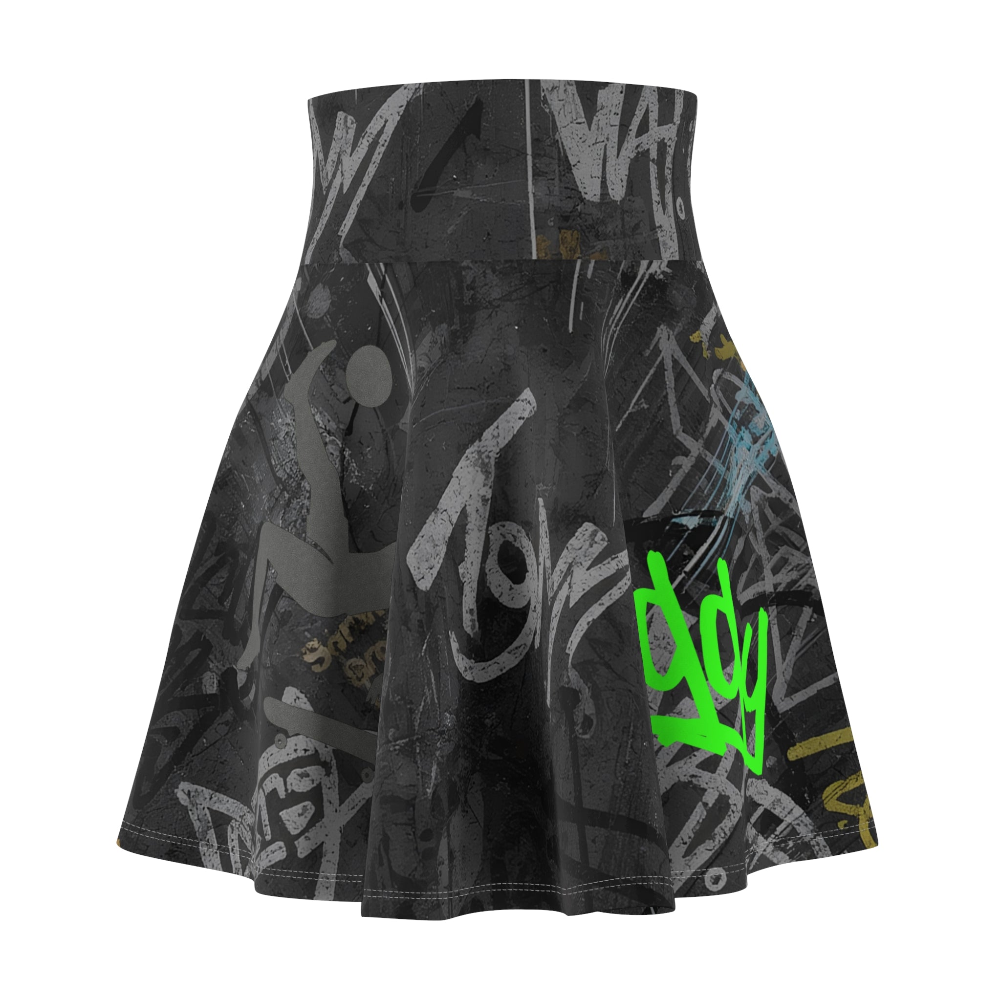 Front view of oryggy Originals Personalized Graffiti Print Skater Skirt with urban art.