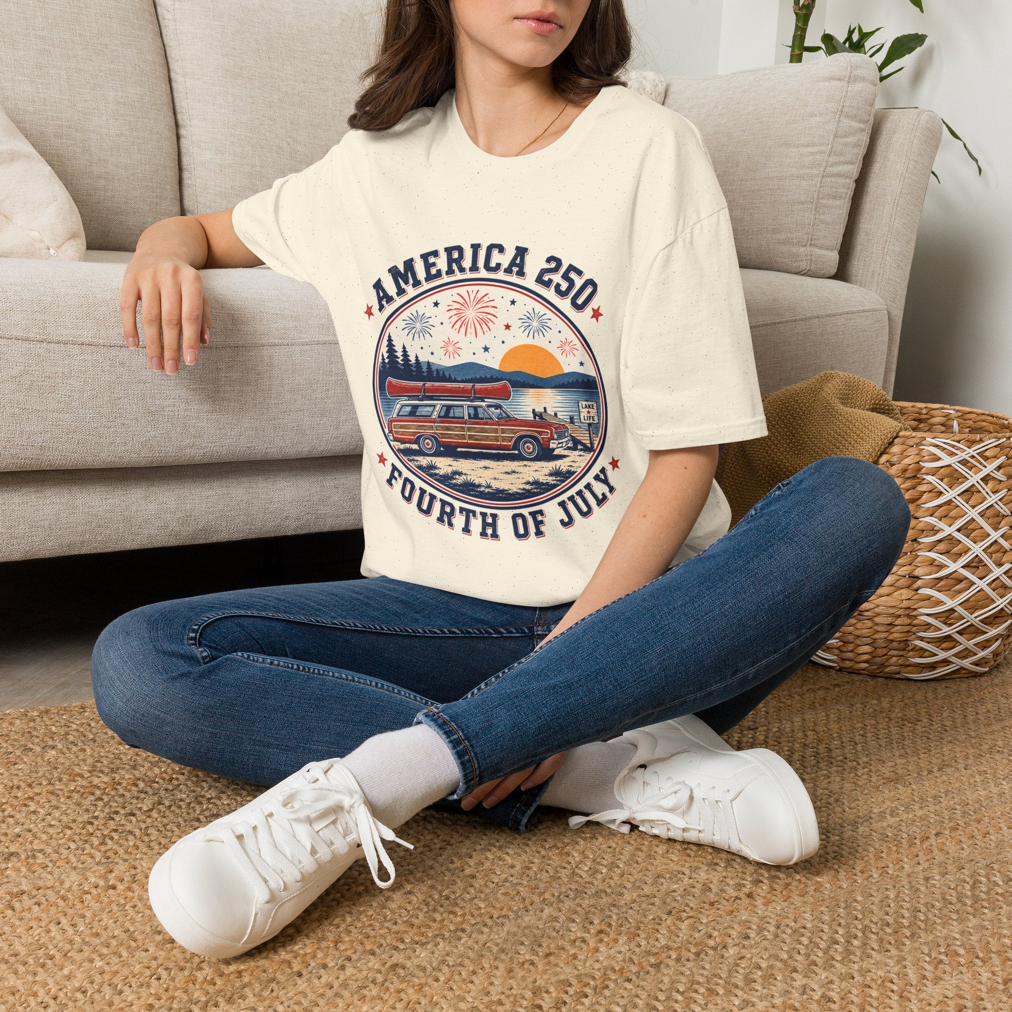 America 250 T-Shirt — oryggy Fourth of July Patriotic Fireworks Sunset Tee