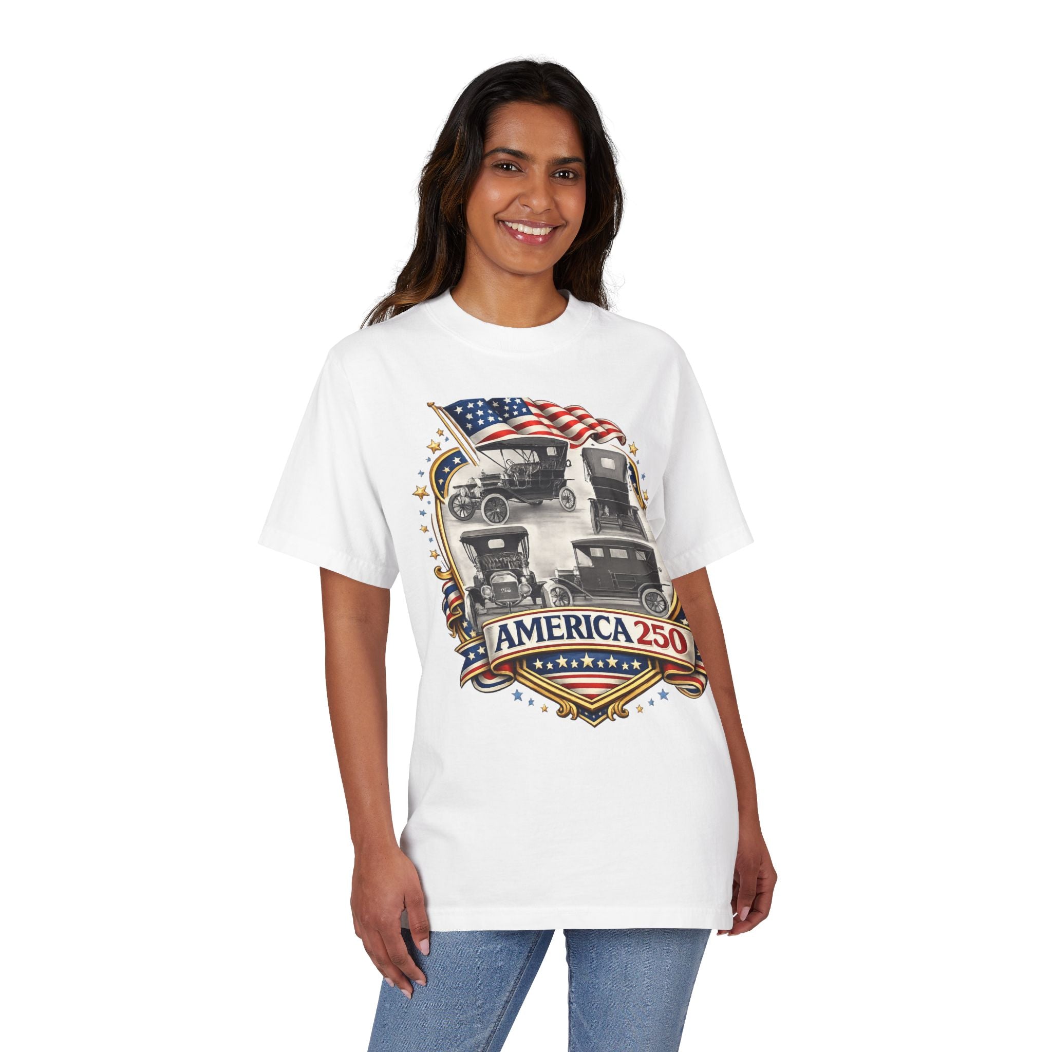 America 250 Vintage Cars Patriotic T-Shirt — 100% USA cotton