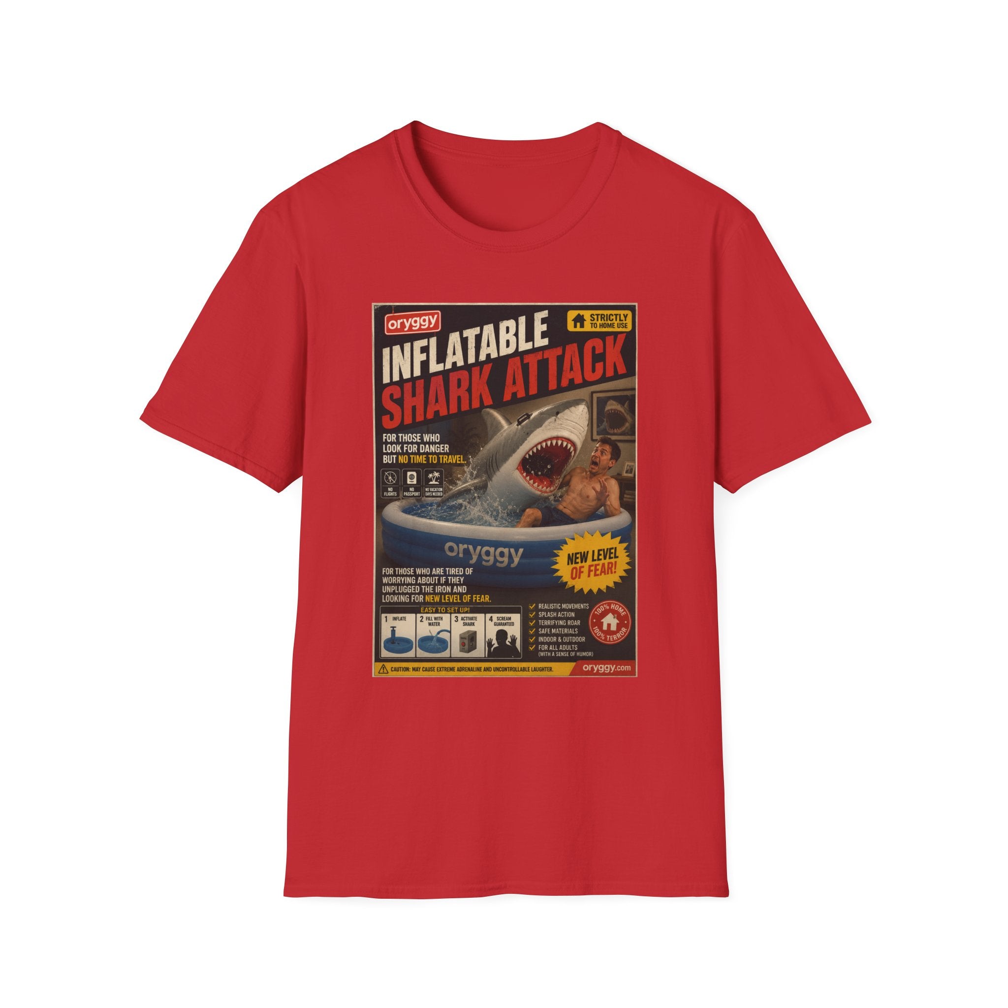 oryggy Originals Inflatable Shark Attack Vintage Poster T-Shirt — Retro Beach & Surf Graphic Tee