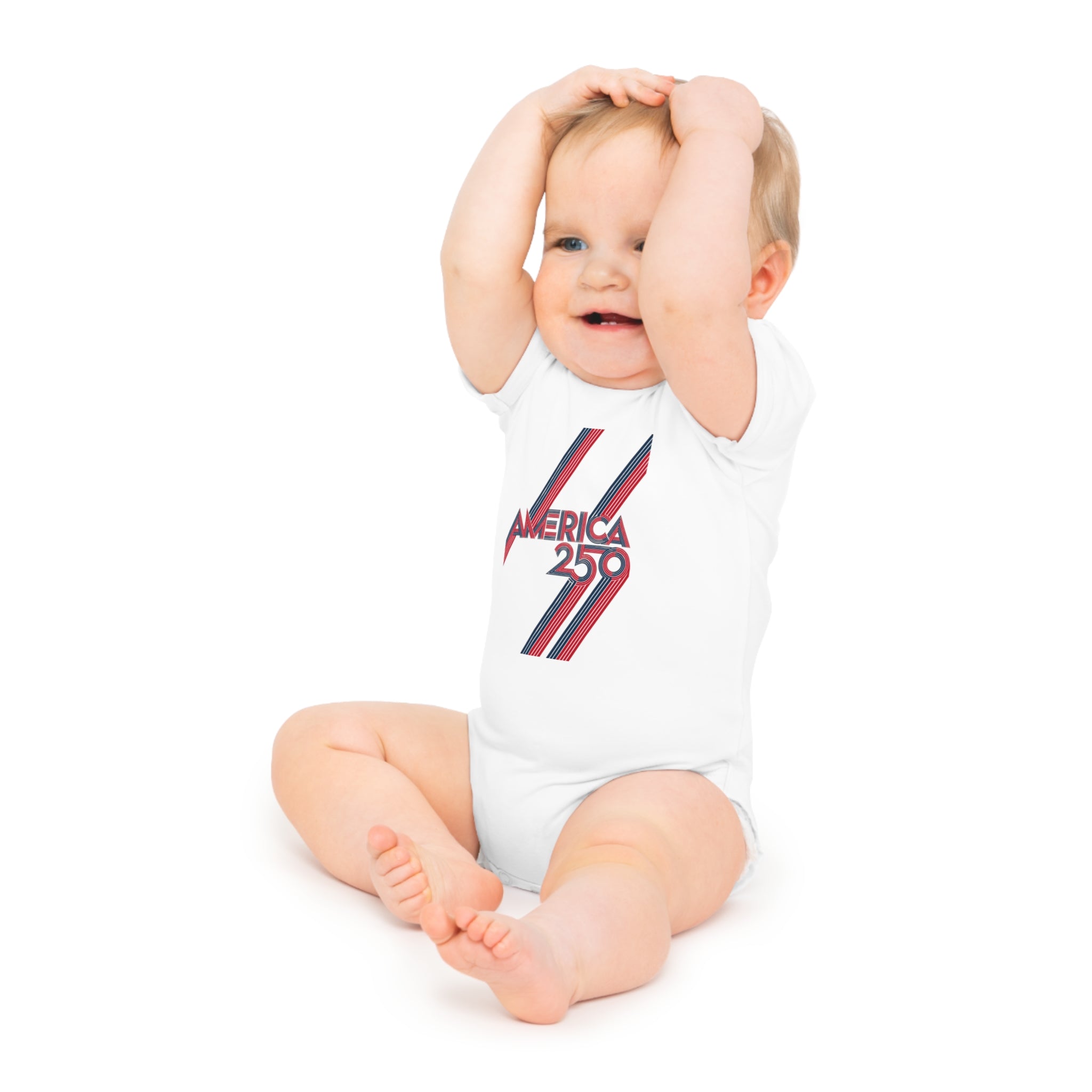 America 250 Baby Bodysuit — Retro Red & Blue Independence Day Onesie