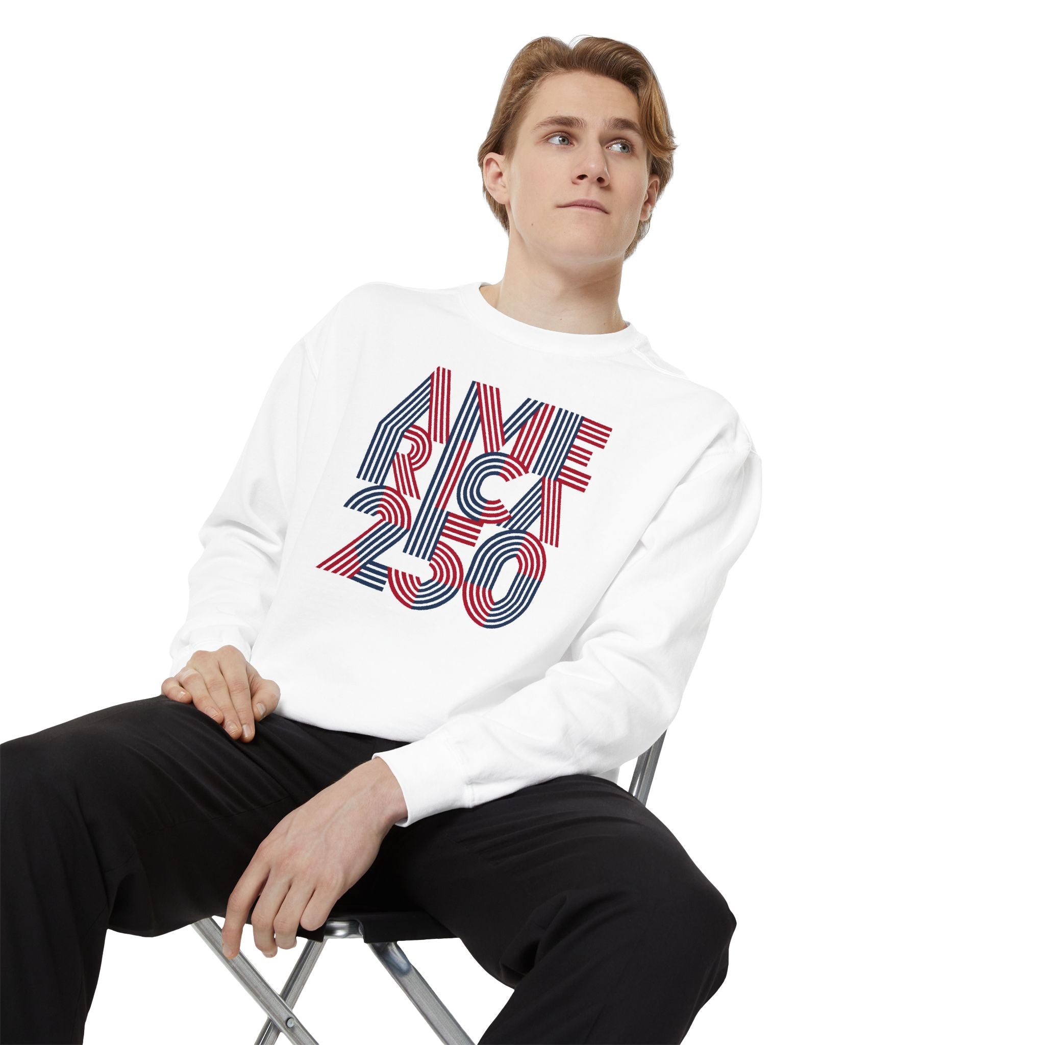 America 250 Retro Stripe Sweatshirt — Patriotic 250th Anniversary Crewneck