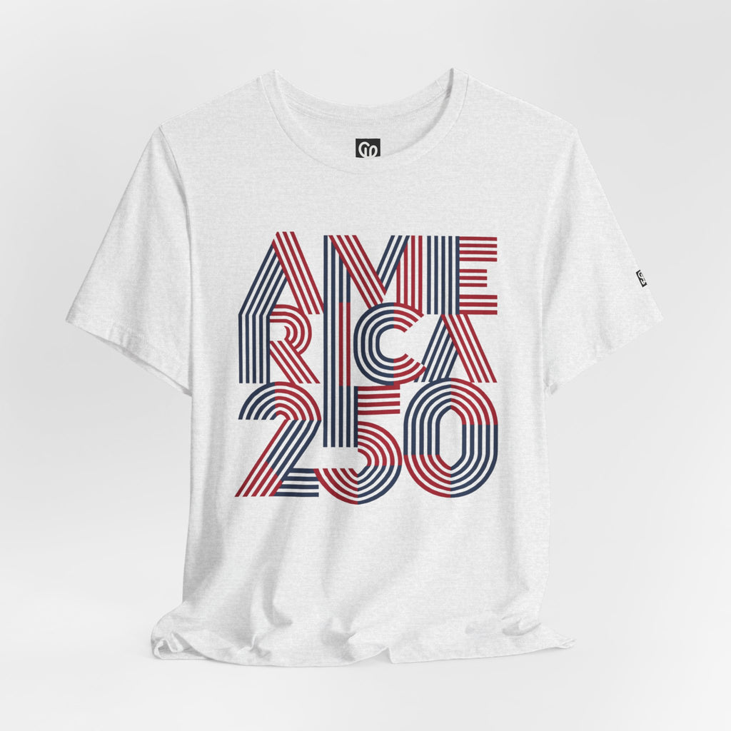 America 250 Tee | Patriotic Red Blue Striped Typography