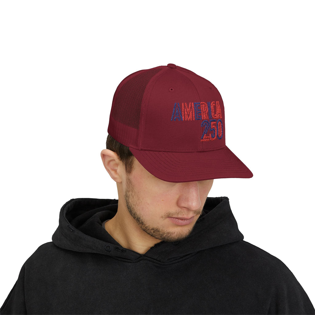 America 250 Snapback Cap | Patriotic USA Flag Text Trucker Hat