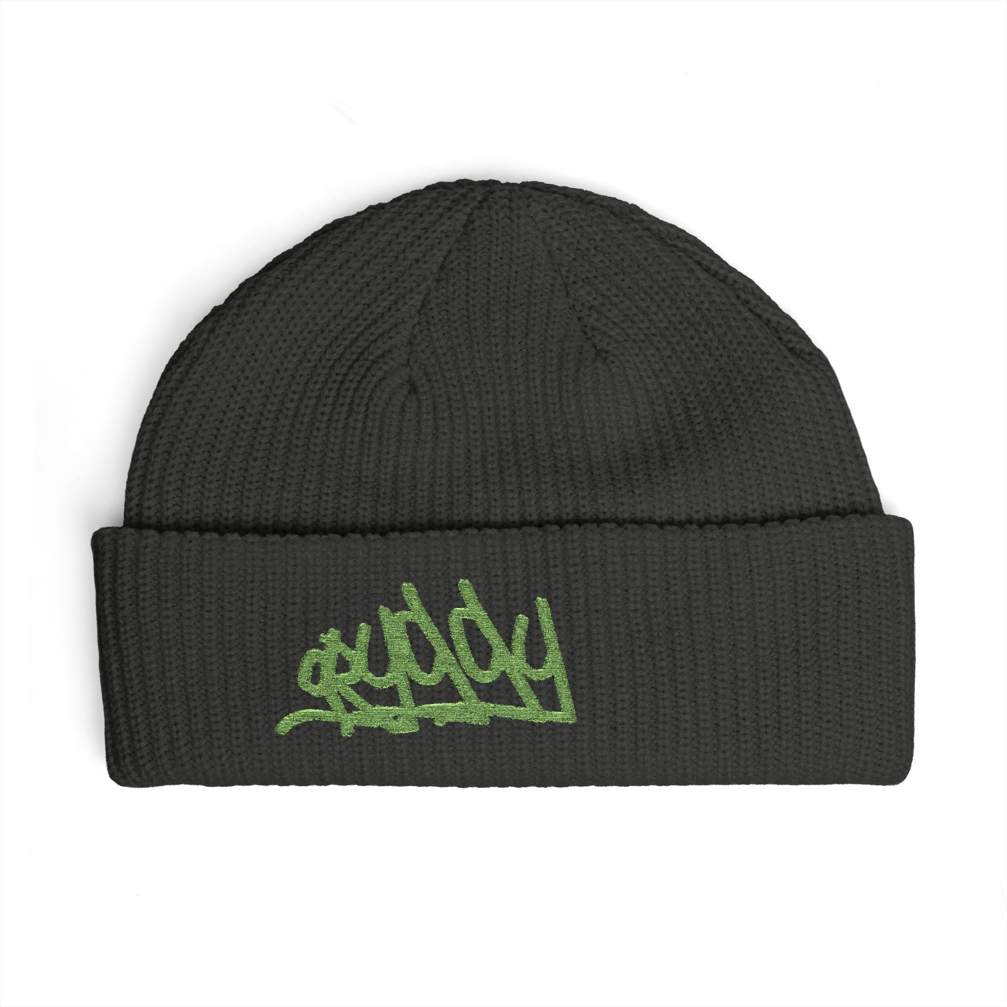 oryggy Originals Cuff Beanie - Black Knit Hat with Green Graffiti Crown Embroidery - Oryggy