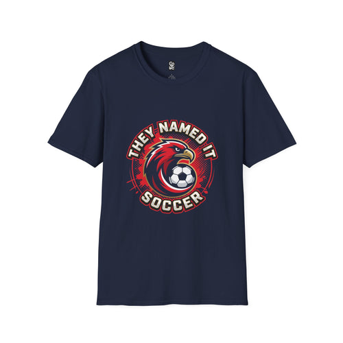 oryggy "They Named It Soccer" USA vintage eagle t-shirt, retro navy blue soccer graphic tee for football terrace culture and FIFA 2026.