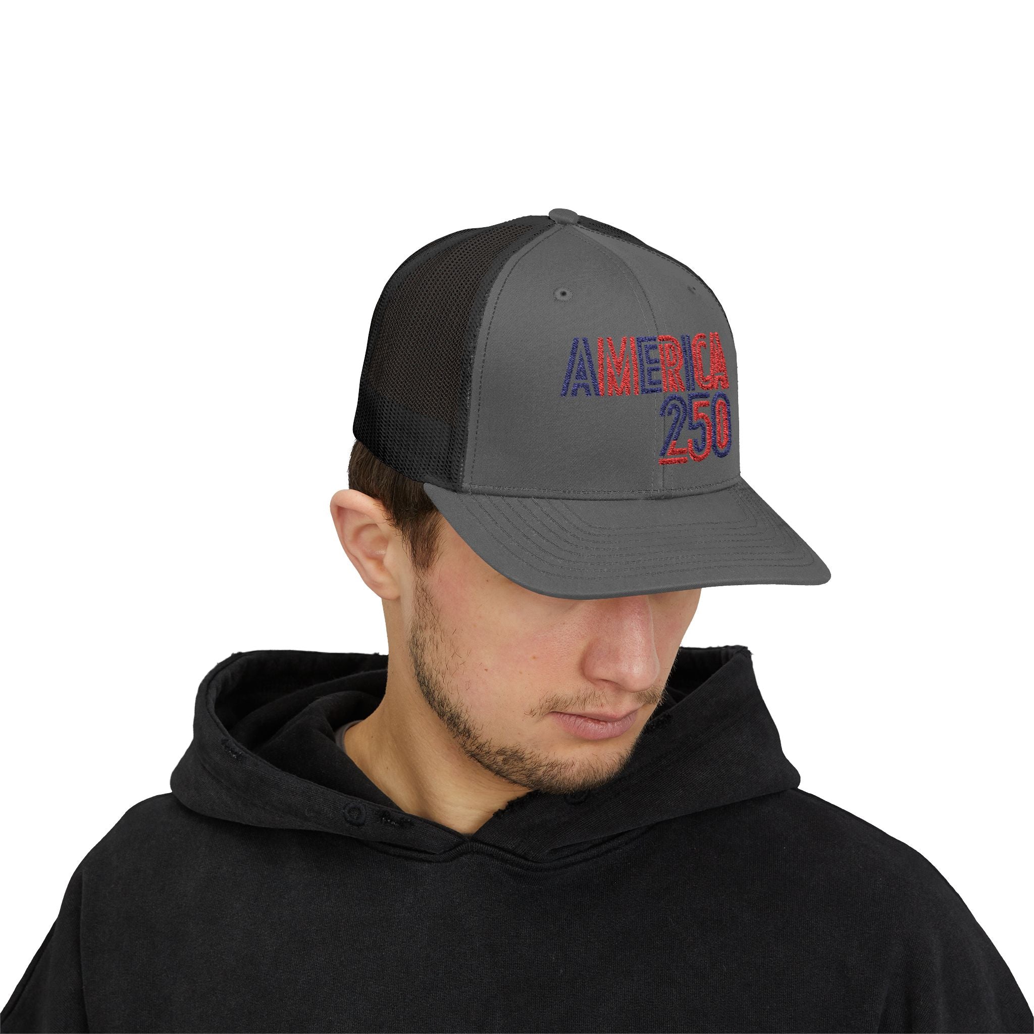 America 250 Snapback Cap | Patriotic USA Flag Text Trucker Hat