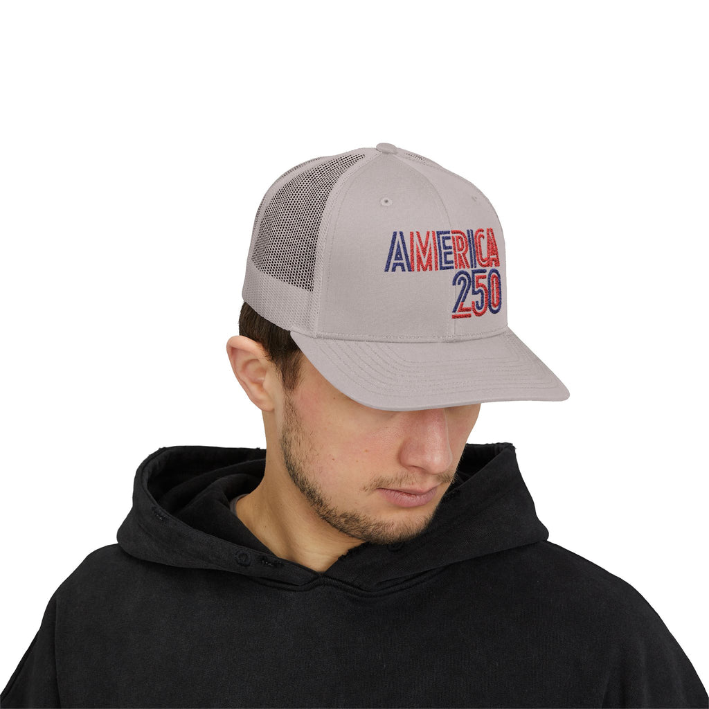 America 250 Snapback Cap | Patriotic USA Flag Text Trucker Hat