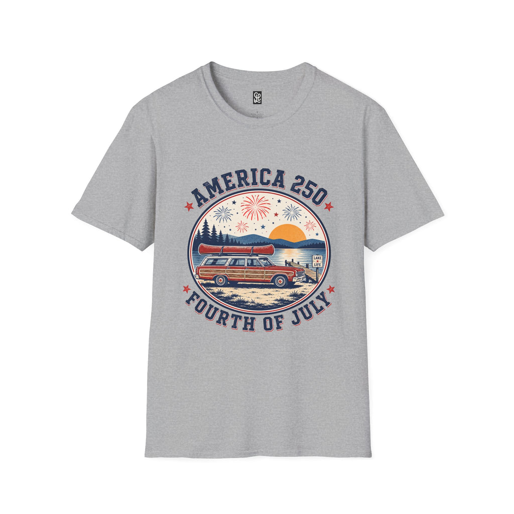 oryggy America 250 Fourth of July t-shirt in sport grey, premium lightweight cotton tee featuring a vintage circular lake sunset and fireworks crest.