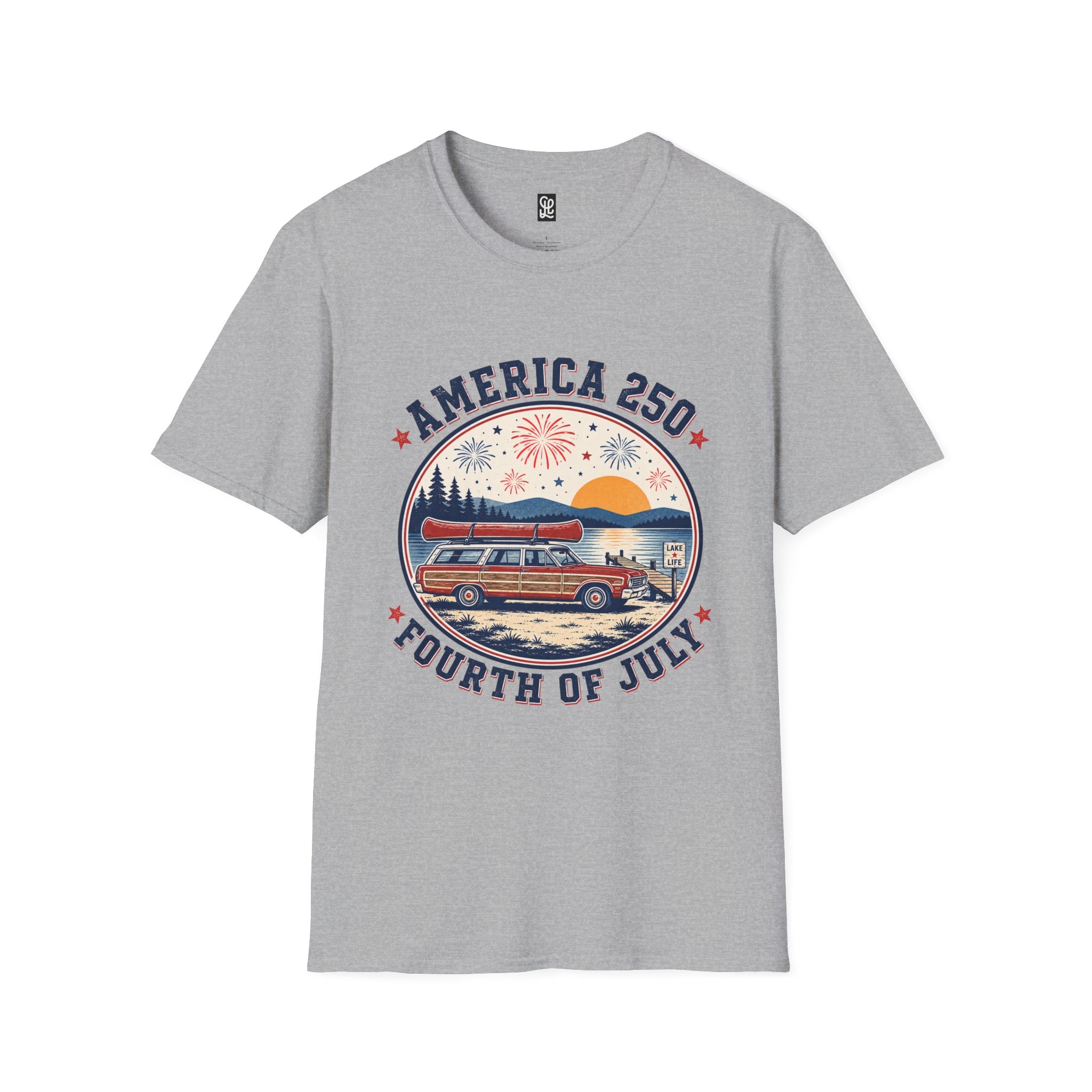 oryggy America 250 Fourth of July t-shirt in sport grey, premium lightweight cotton tee featuring a vintage circular lake sunset and fireworks crest.