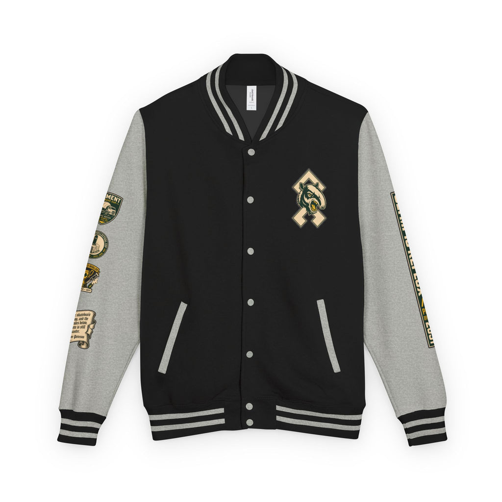 oryggy Olympic Reflux varsity jacket featuring a massive Nordic Othala Rune tapir patch on the left chest and a gothic Alexander Peterson quote ribbon on the right.