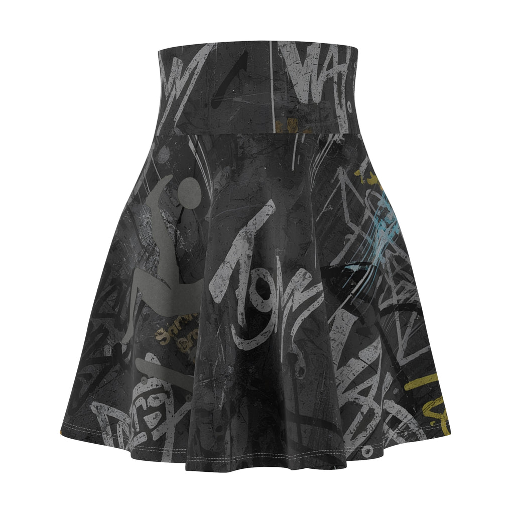 Front view of oryggy Originals Skirt. Premium flared streetwear skater skirt featuring an intensive all-over charcoal gray and neon urban graffiti print.
