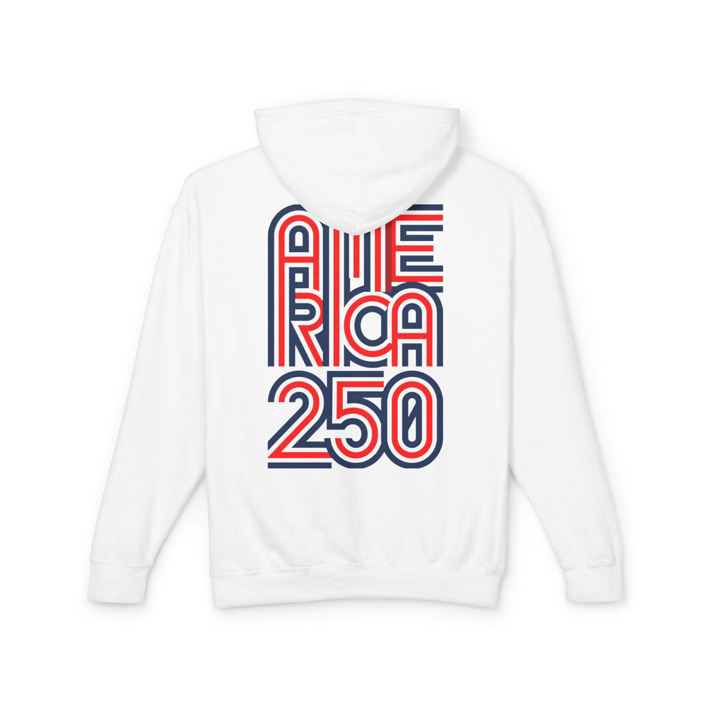 America 250 Hoodie — Retro Red & Blue Patriotic Anniversary Pullover