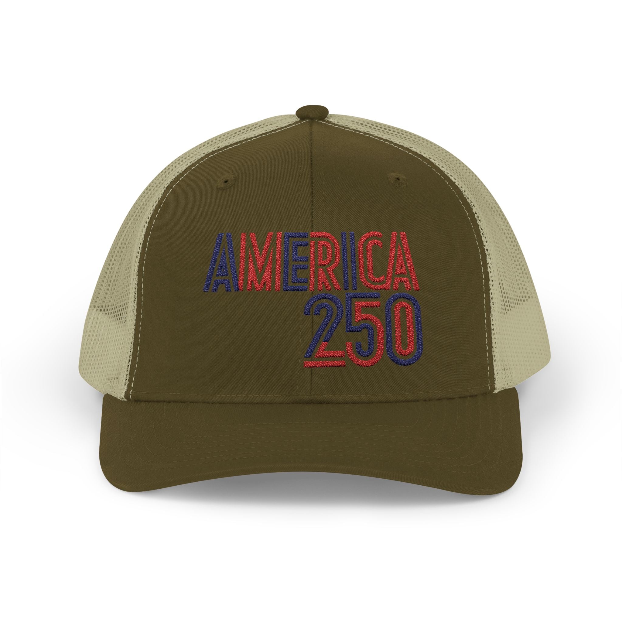 America 250 Snapback Cap | Patriotic USA Flag Text Trucker Hat