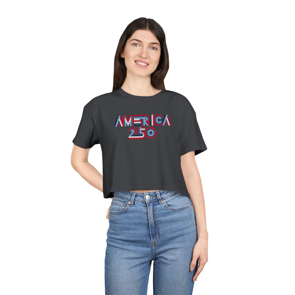 America 250 Crop Tee — Patriotic 3D Red & Blue Graphic