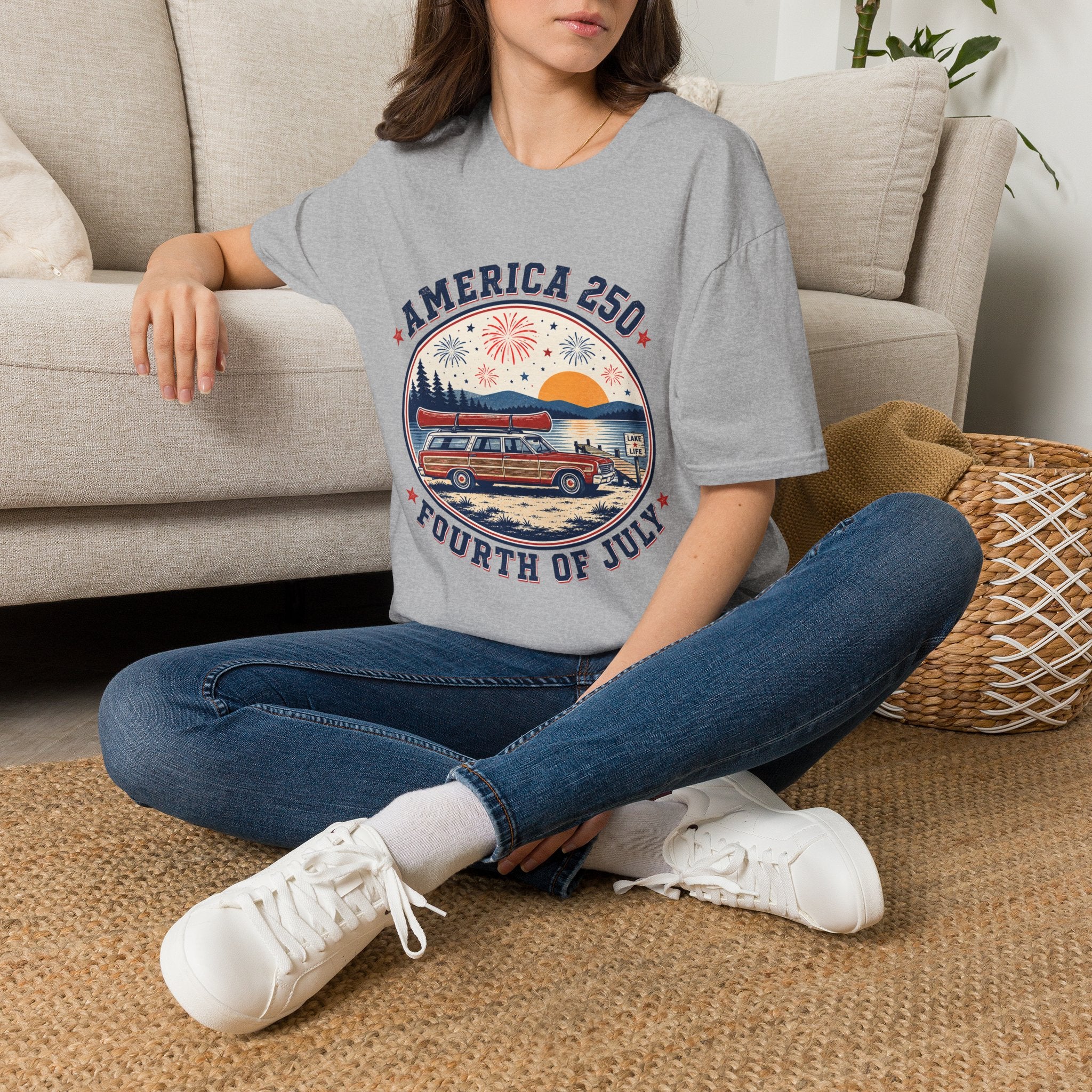 America 250 T-Shirt — oryggy Fourth of July Patriotic Fireworks Sunset Tee