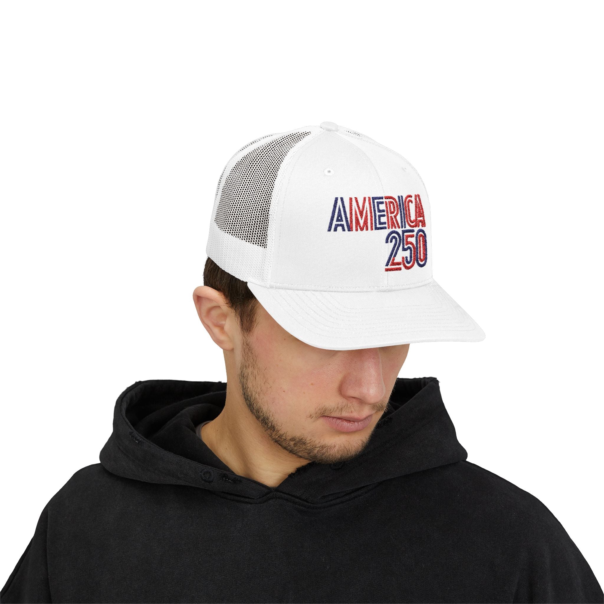 America 250 Snapback Cap | Patriotic USA Flag Text Trucker Hat