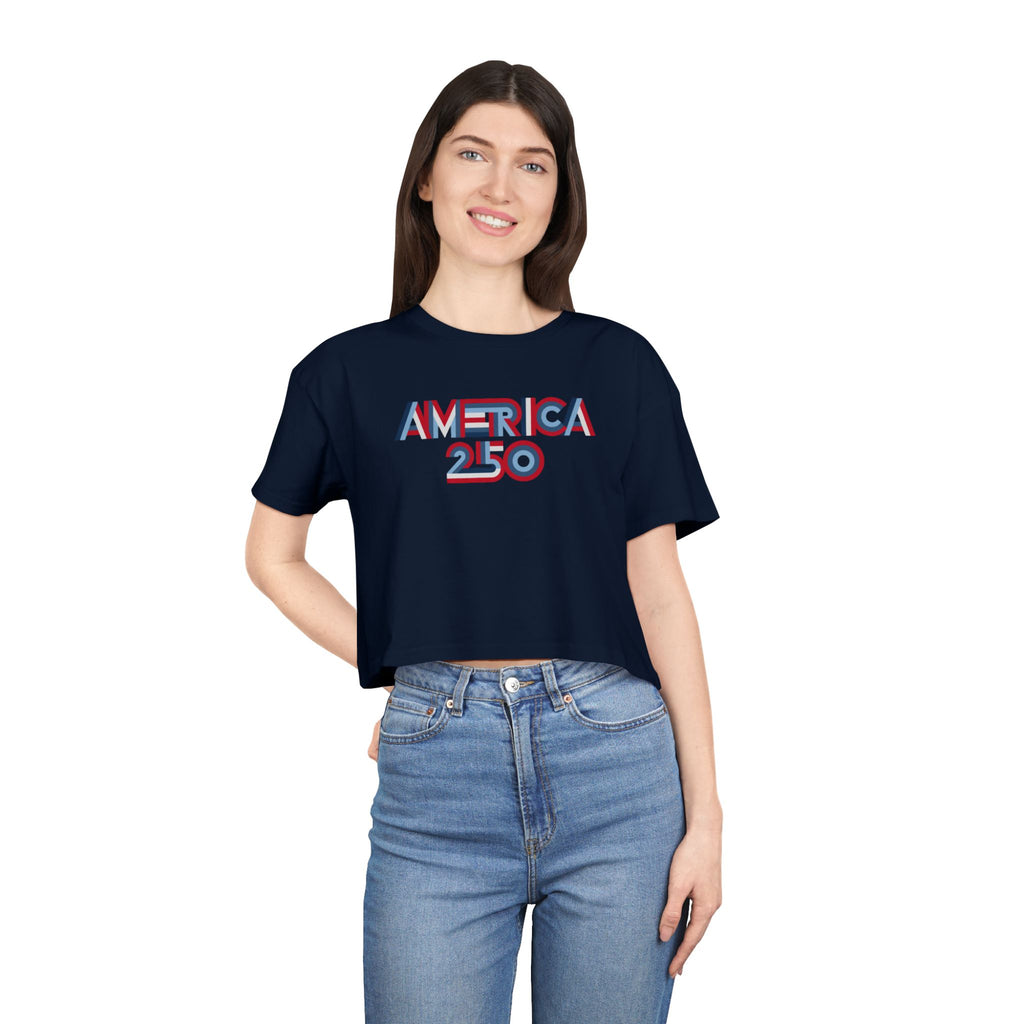 America 250 Crop Tee — Patriotic 3D Red & Blue Graphic