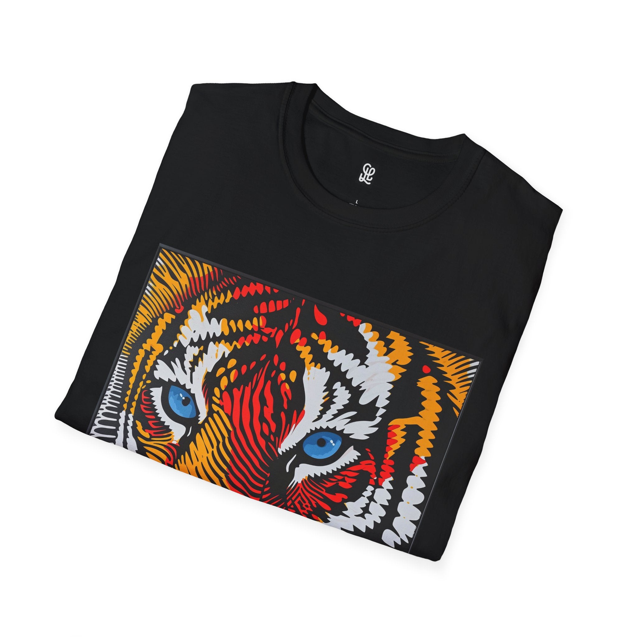 oryggy Colorful Tiger Face T-Shirt with Vibrant Blue Eyes and Pop Art Stripes