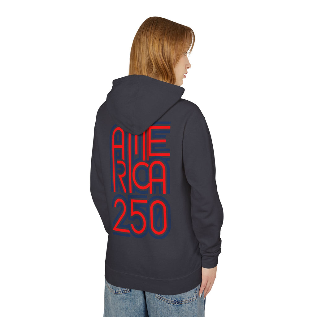 America 250 Hoodie — Retro Red & Blue Patriotic Anniversary Pullover