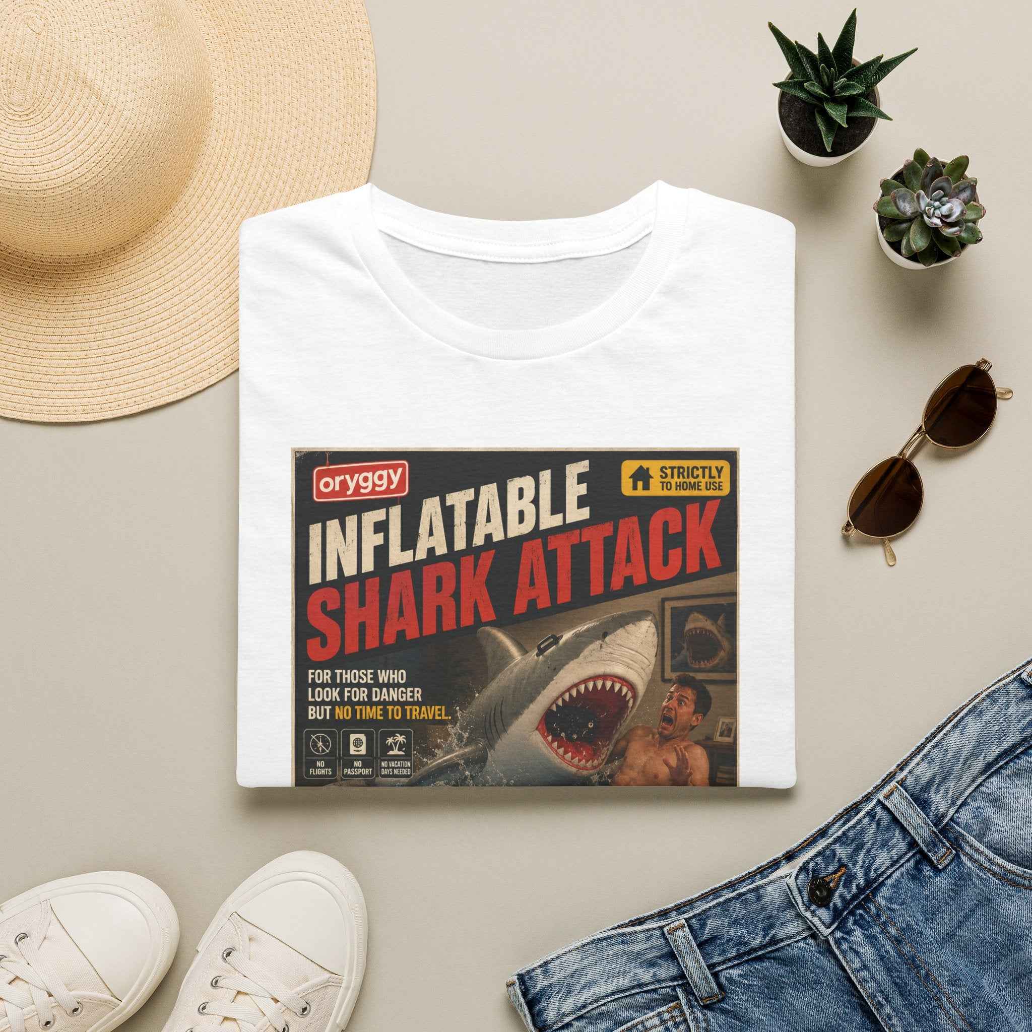 oryggy Originals Inflatable Shark Attack Vintage Poster T-Shirt — Retro Beach & Surf Graphic Tee