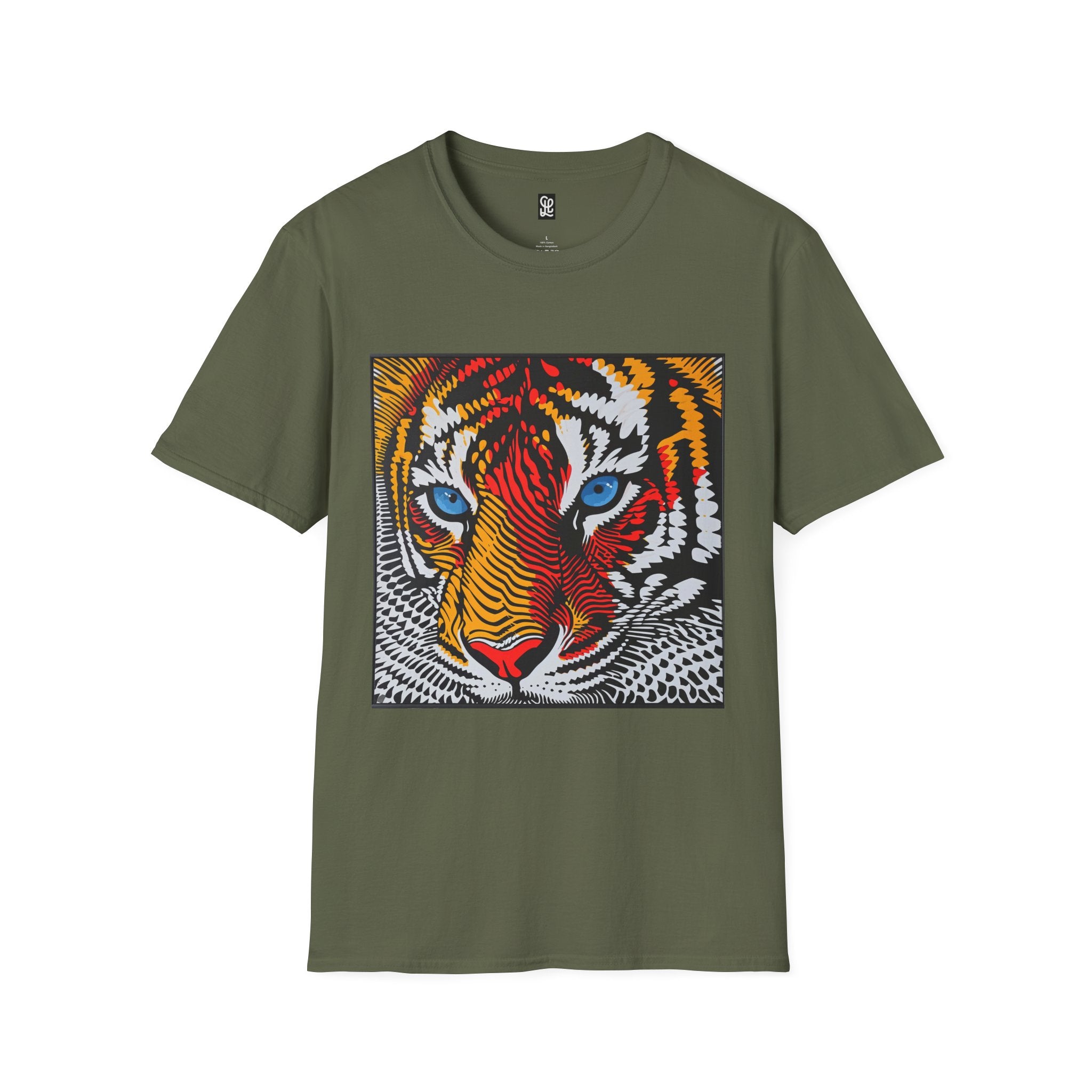 Colorful Tiger Face T-Shirt | Vibrant Blue Eyes, Pop Art Stripes