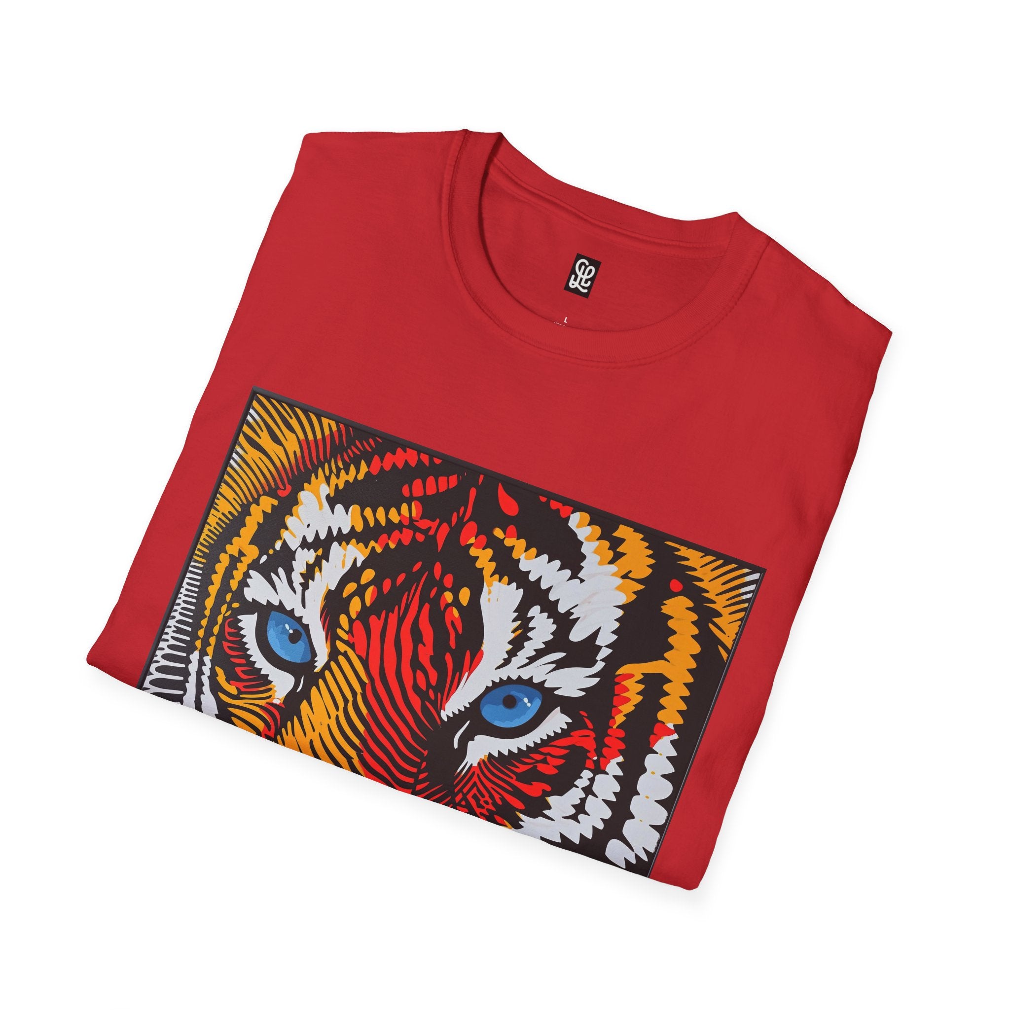 oryggy Colorful Tiger Face T-Shirt with Vibrant Blue Eyes and Pop Art Stripes