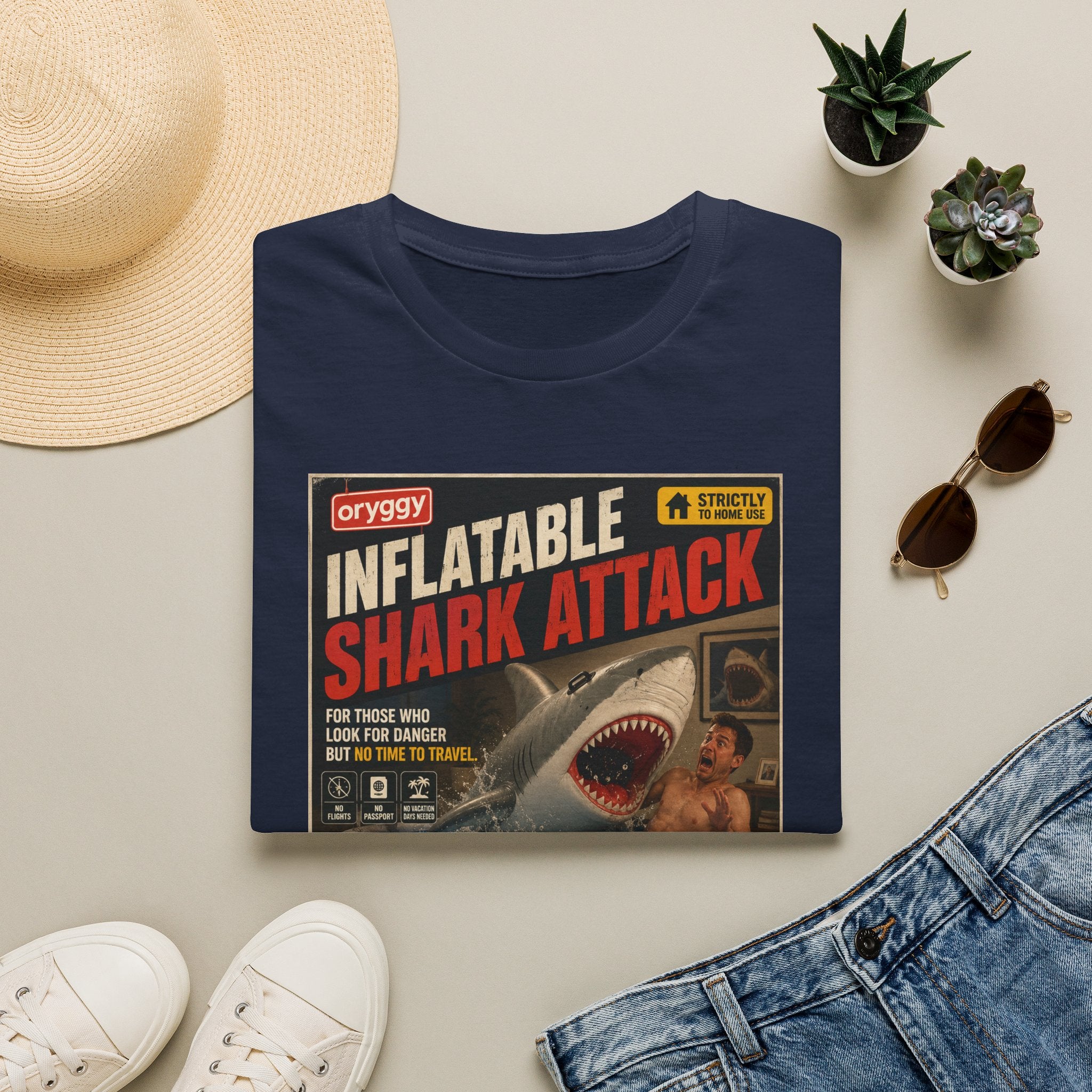 oryggy Originals Inflatable Shark Attack Vintage Poster T-Shirt — Retro Beach & Surf Graphic Tee