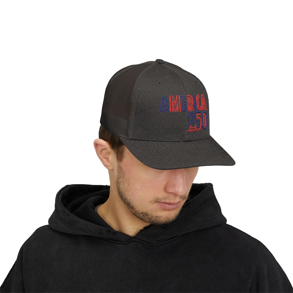 America 250 Snapback Cap | Patriotic USA Flag Text Trucker Hat