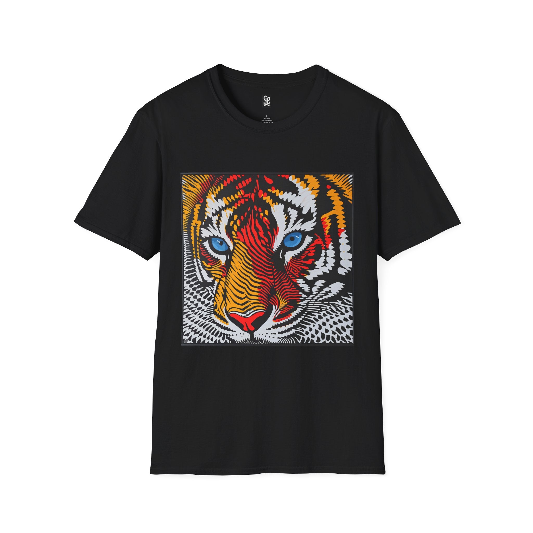 Colorful Tiger Face T-Shirt | Vibrant Blue Eyes, Pop Art Stripes