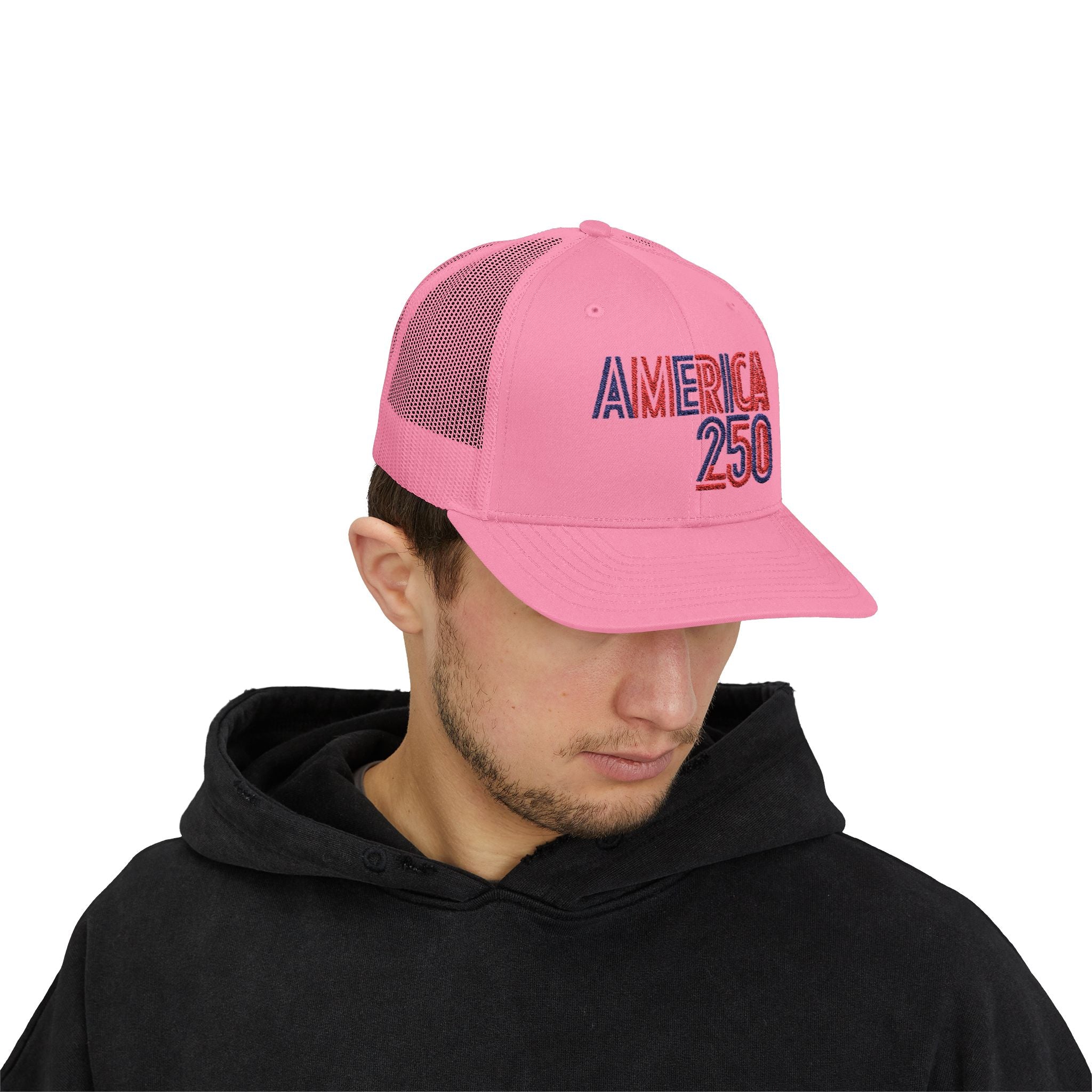 America 250 Snapback Cap | Patriotic USA Flag Text Trucker Hat