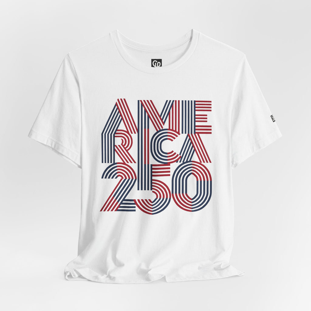 America 250 Tee | Patriotic Red Blue Striped Typography
