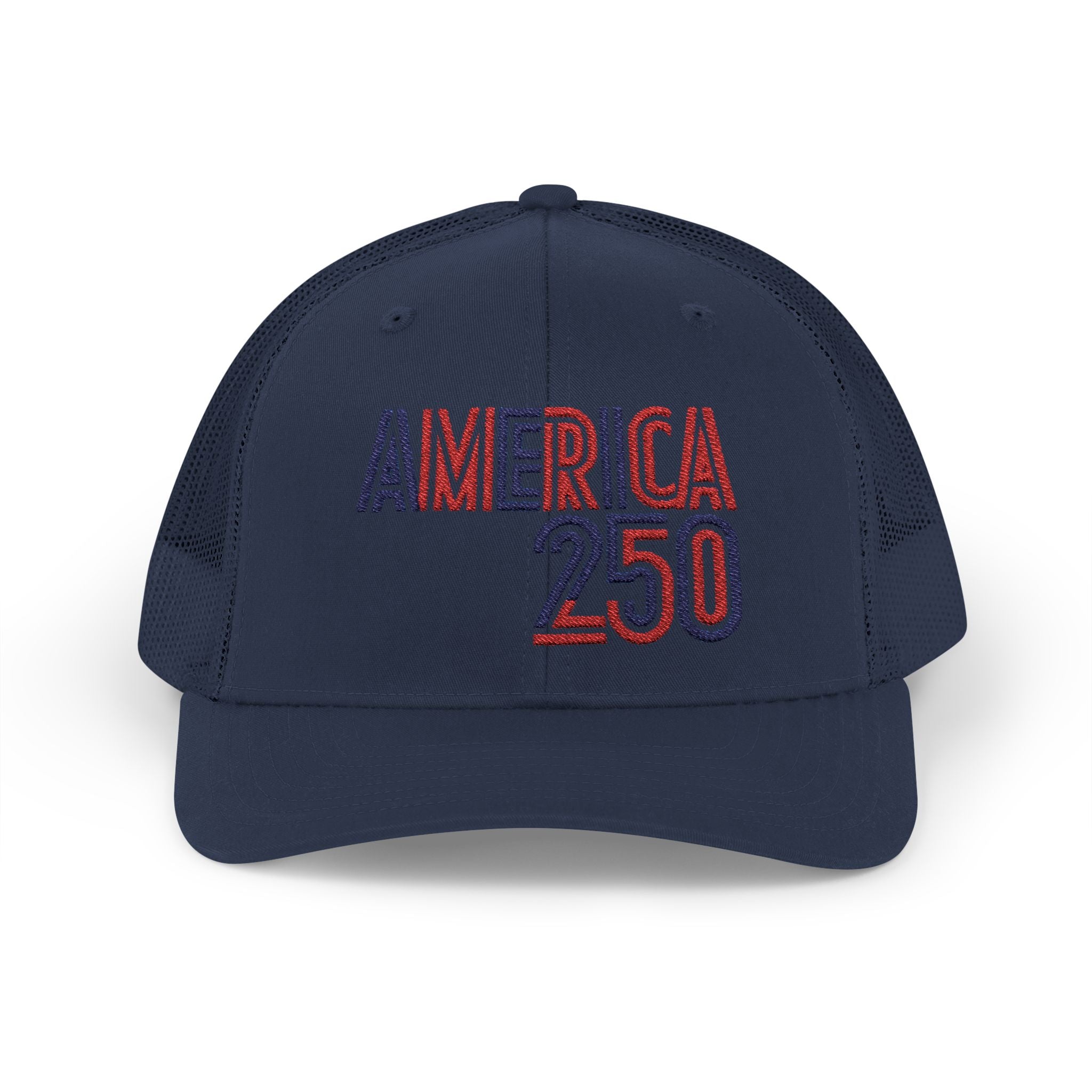 America 250 Snapback Cap | Patriotic USA Flag Text Trucker Hat