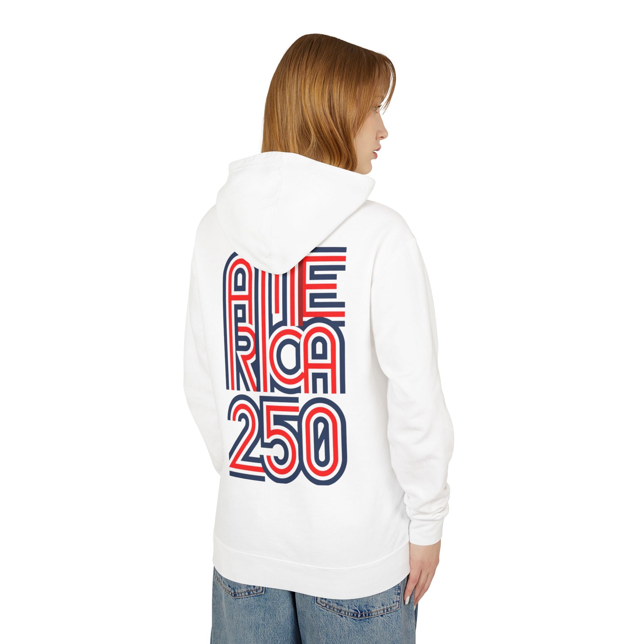America 250 Hoodie — Retro Red & Blue Patriotic Anniversary Pullover