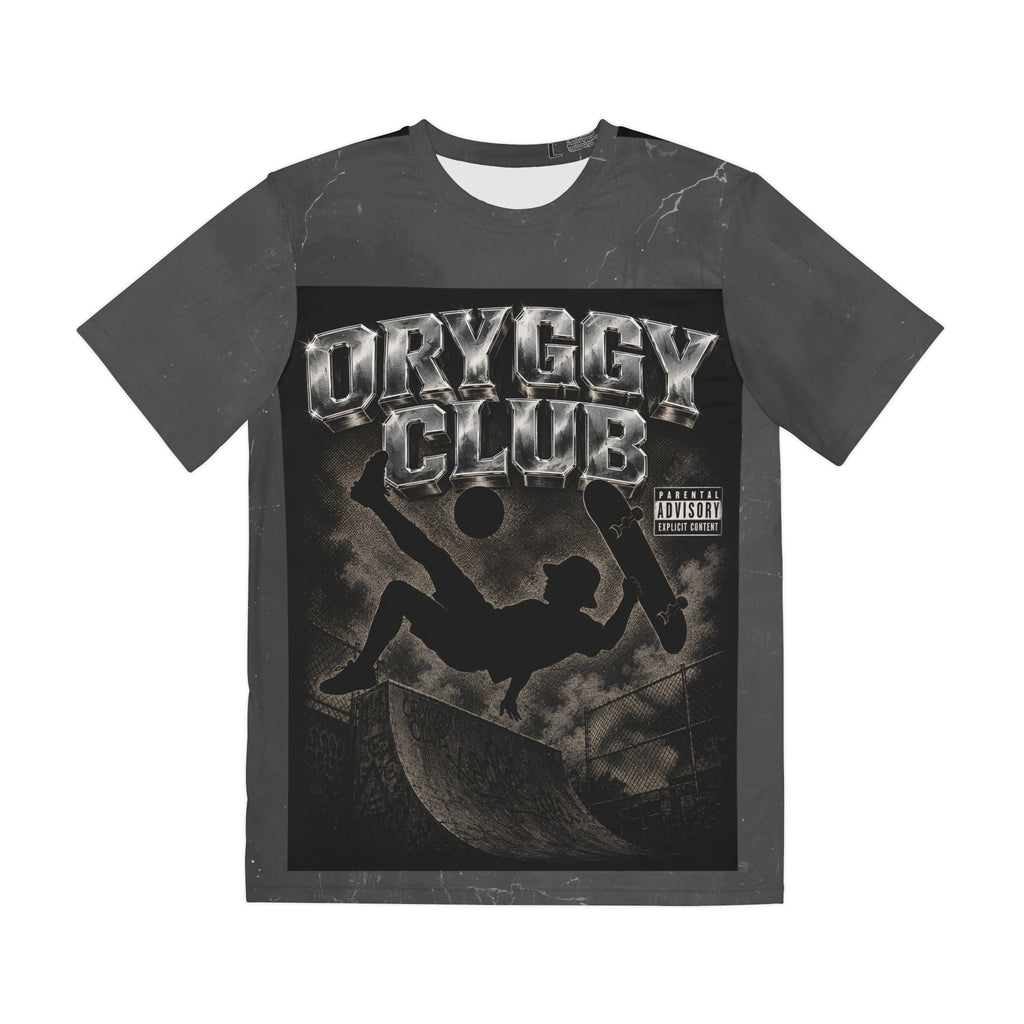 Front view of the oryggy Club Graphic Tee, a dark slate gray streetwear polyester t-shirt featuring a high-contrast monochrome graphic of a skater in a concrete bowl and bold metallic "ORYGGY CLUB" text across the chest.
