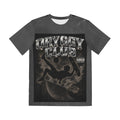 Front view of the oryggy Club Graphic Tee, a dark slate gray streetwear polyester t-shirt featuring a high-contrast monochrome graphic of a skater in a concrete bowl and bold metallic "ORYGGY CLUB" text across the chest.
