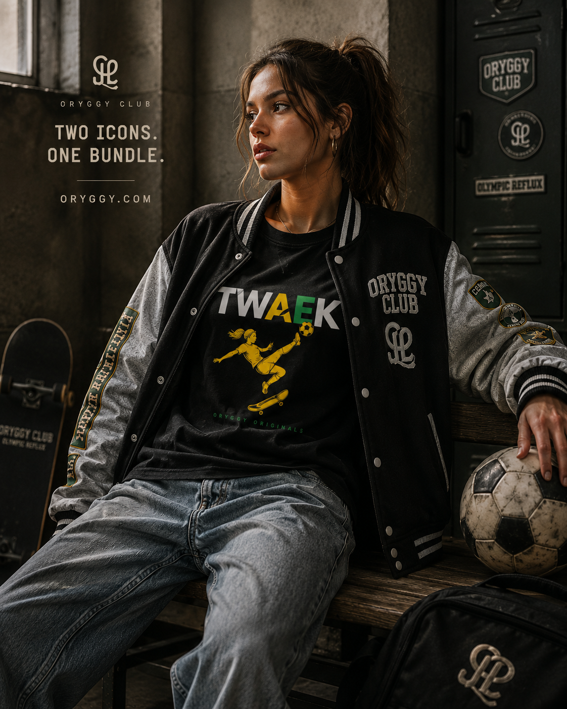 Model wearing oryggy Olympic Reflux varsity jacket and TWAEK streetwear graphic tee
